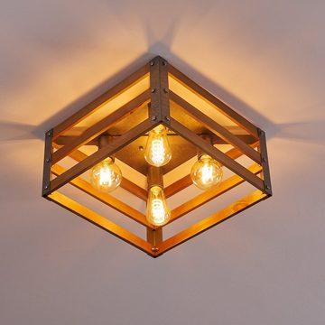 hofstein Deckenleuchte »Roiano« Deckenlampe aus Holz/Metall in Braun/Silber, ohne Leuchtmittel, 4xE27, eckige Leuchte im Retro/Vintage Design