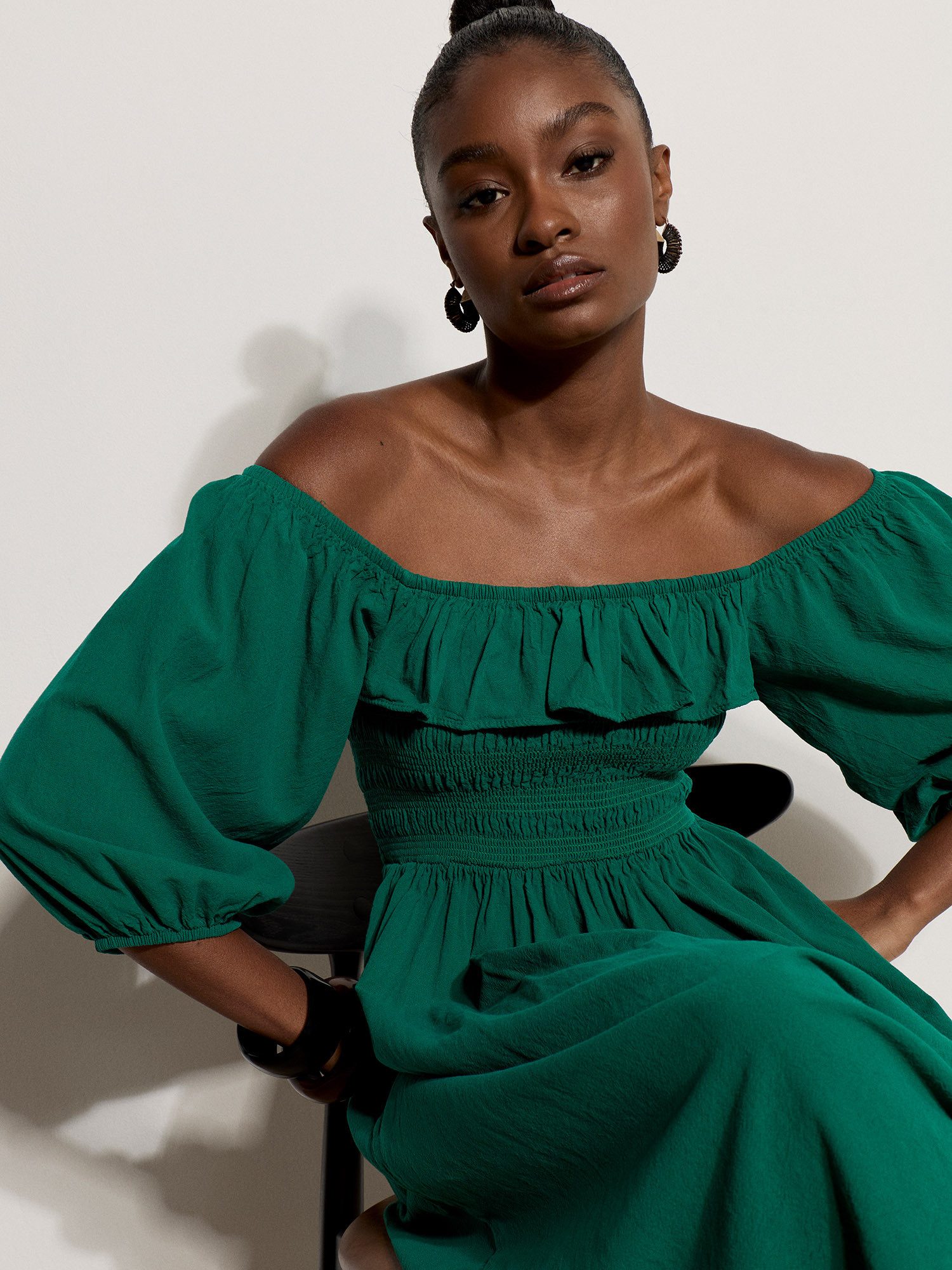 Apricot Midikleid Midi-Kleid im Milchmädchen-Stil mit Rüschen Gerafft