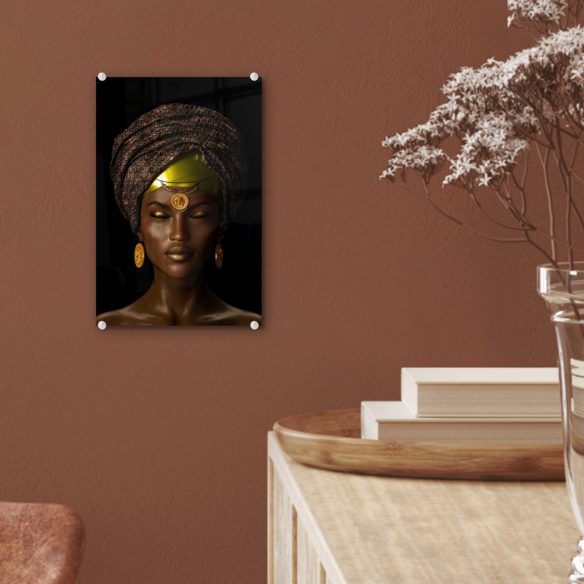 MuchoWow Acrylglasbild Frau - Bilder Foto gelb, - Glas - Glasbilder auf Kopftuch St), (1 - auf Wanddekoration Wandbild Glas 