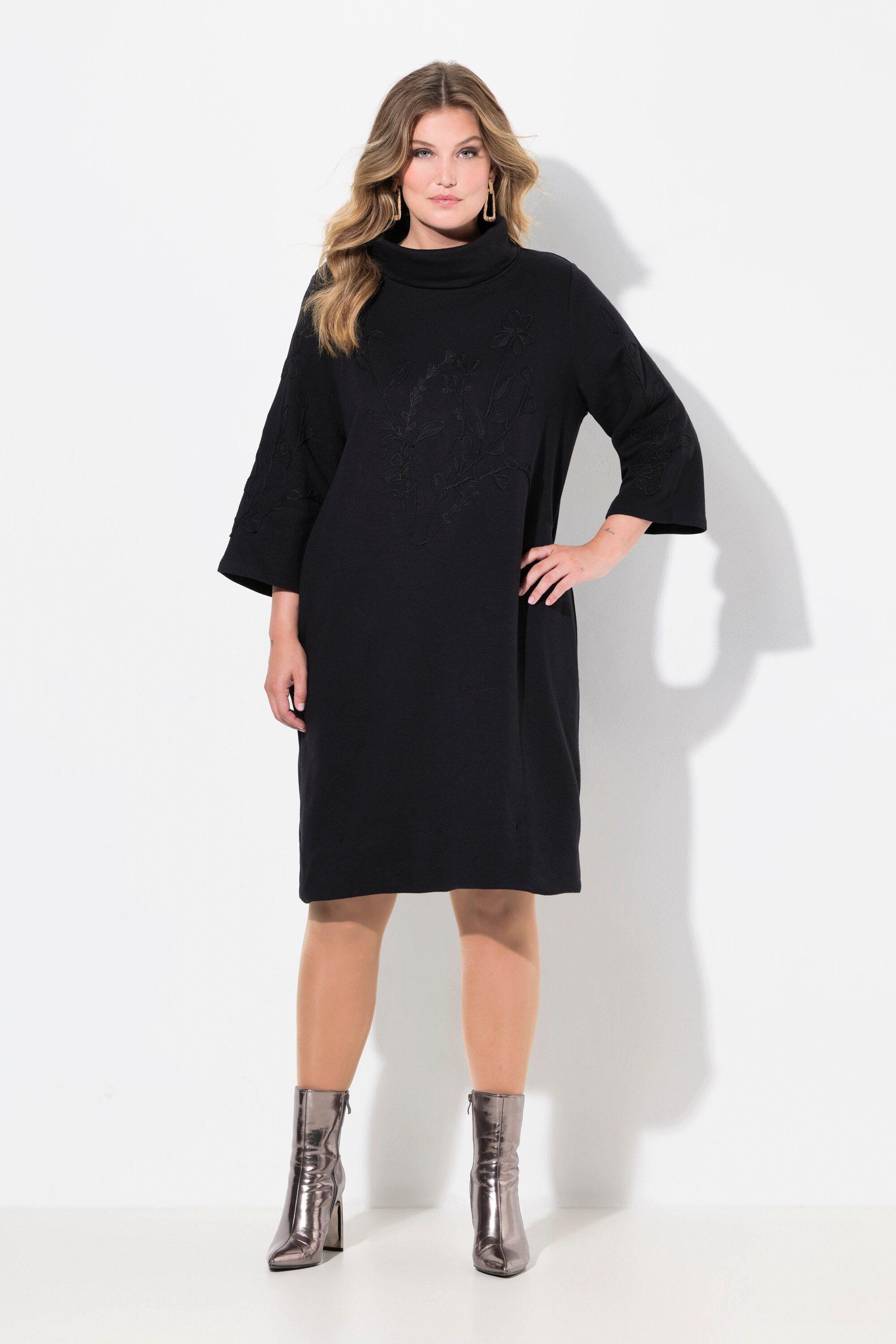 Jerseykleid Sweatkleid A-Linie Blüten-Stickerei Stehkragen