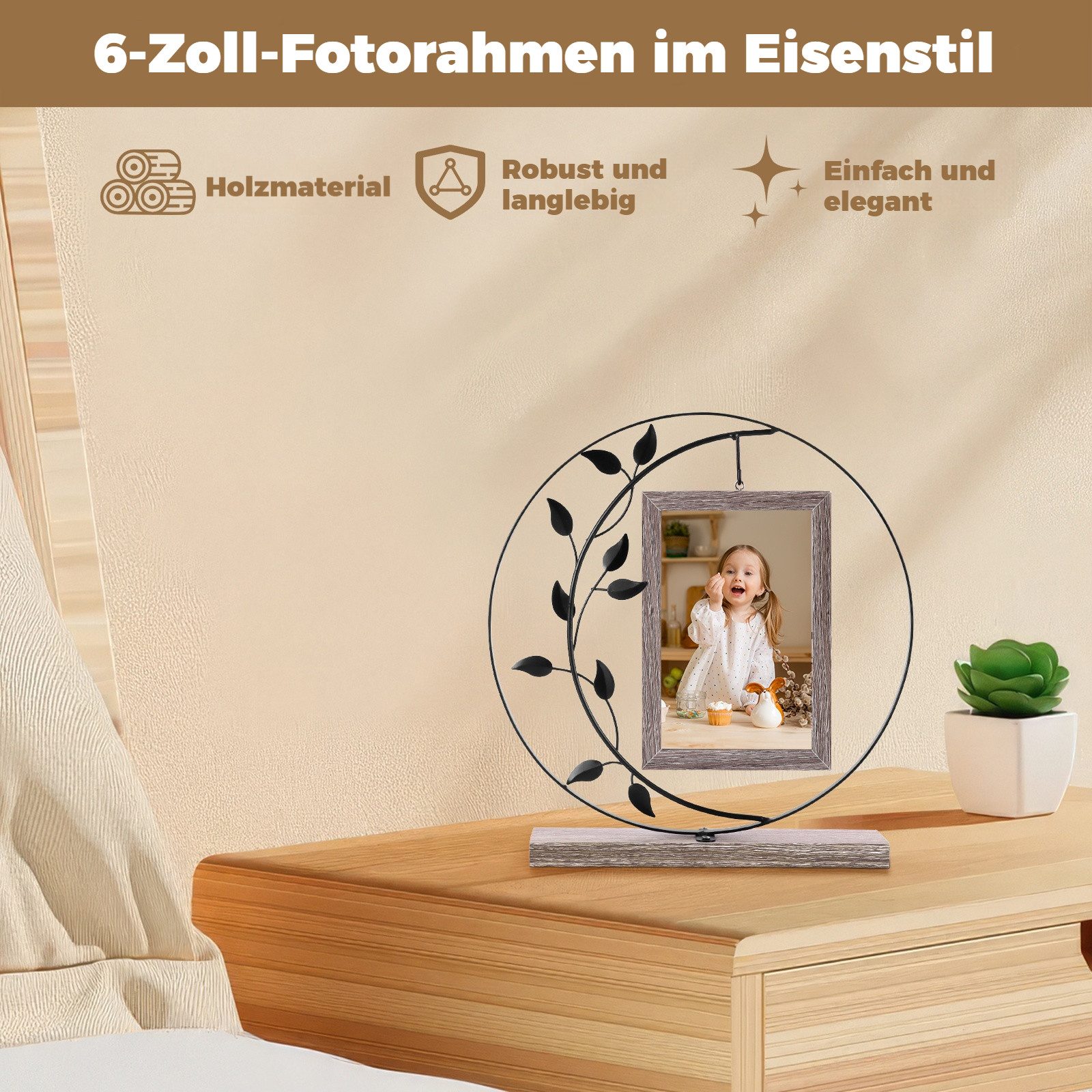 BlingBin Bilderrahmen 10x15cm Doppelglas Fotorahmen Holz mit Metall Ständer, Familien Deko, für 2 Bilder (2er Set, 2 St), Produktmaße: 28 × 26 × 5 cm, Vintage Holzbilderrahmen Fotogeschenke Fuer Oma/Mama