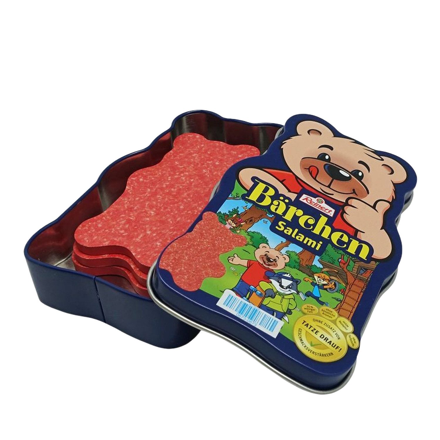Chr. Tanner Spiellebensmittel Reinert Bärchen-Salami aus Holz in Metalldose für Kaufladen, (4-tlg), FSC-zertifiziert, mit Tanner Scannerkasse scannbar