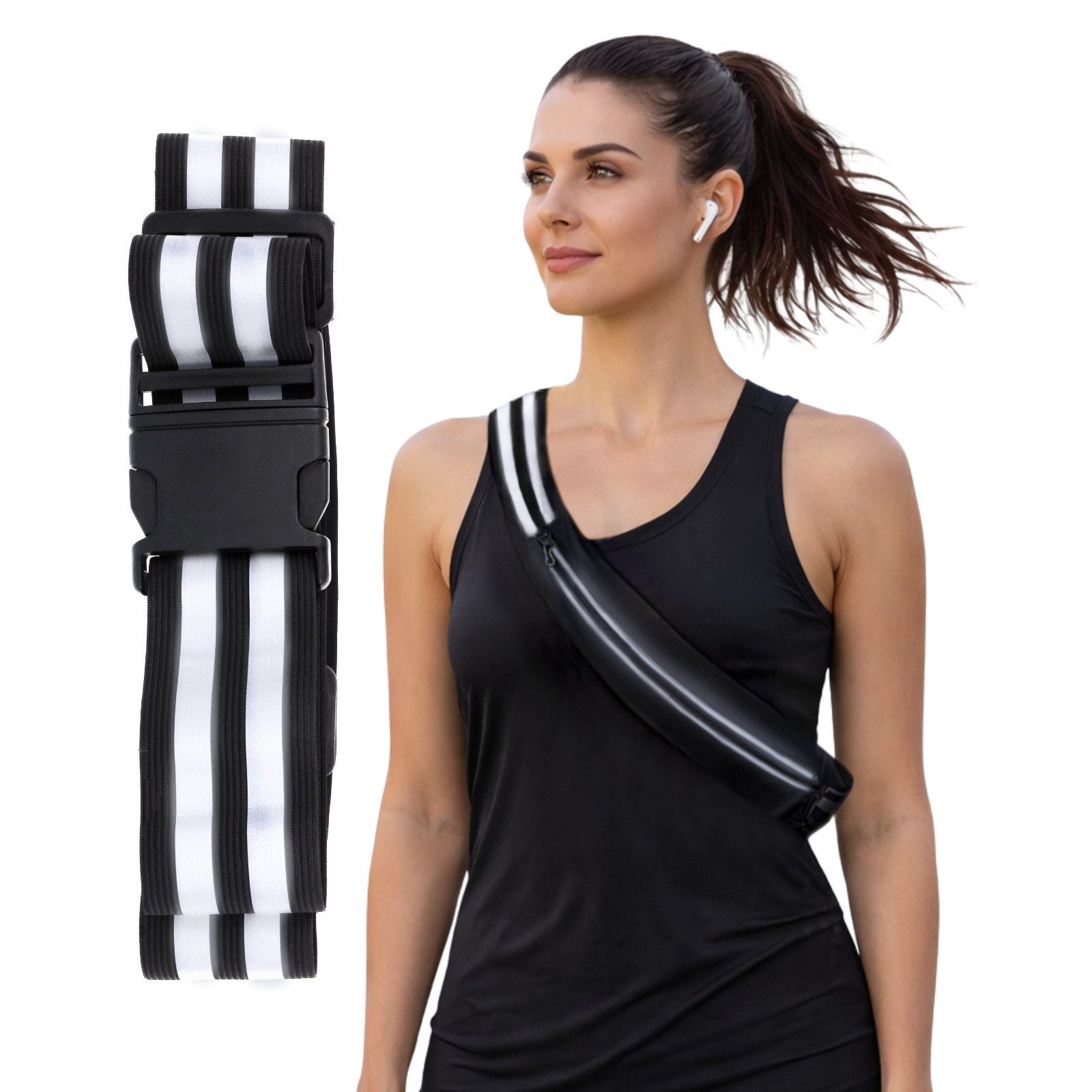 FIRST AID ONLY® Reflektorband Reflektorgurt Schwarz, Reflekorband EN ISO 20471, Tasche für Mobiltelefon oder Geldbörse