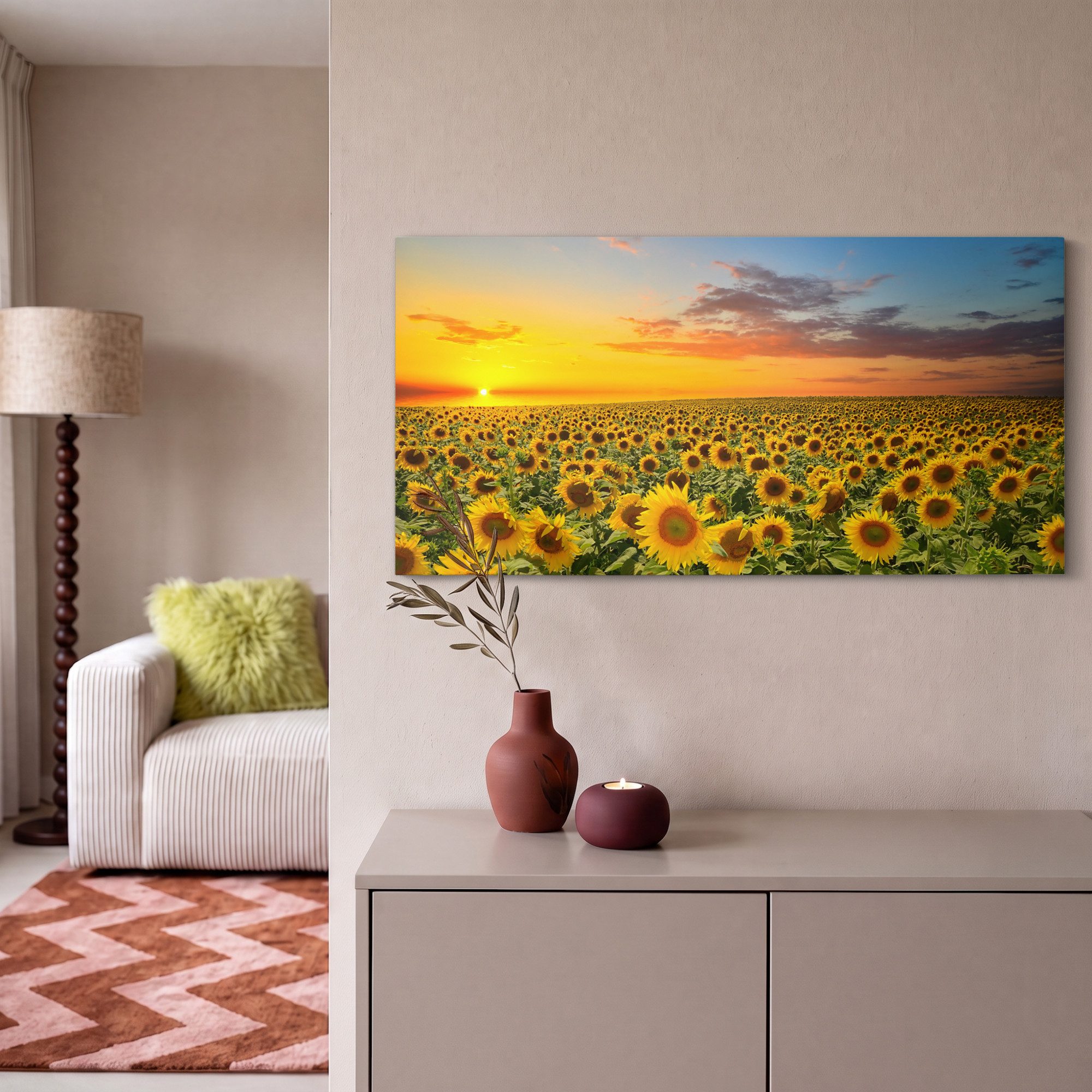 OneMillionCanvasses® Leinwandbild Panorama Blumen – Sonnenblume – Sonnenuntergang – Nacht – Orange, Fotodruck (1 St), Wandbild, Deko Schlafzimmer Wohnzimmer Flu – Bild 2 von 5