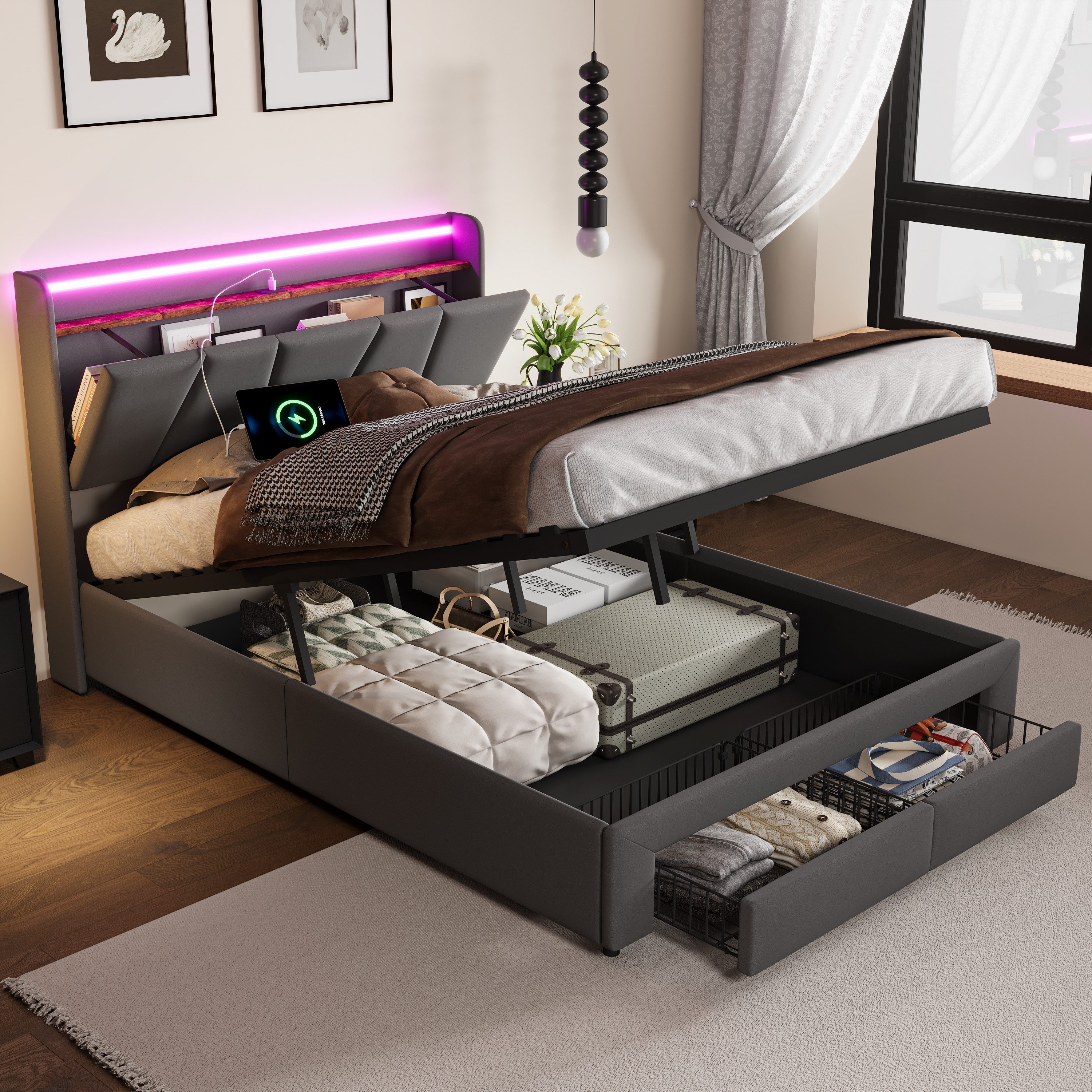 PXloue Stauraumbett Polsterbett mit Stauraum (Hochklappbares Bett 140x200 cm (USB-Ladeanschluss), 2 Schubladen, mit stabilem Lattenrost & gepolstertem Kopfteil