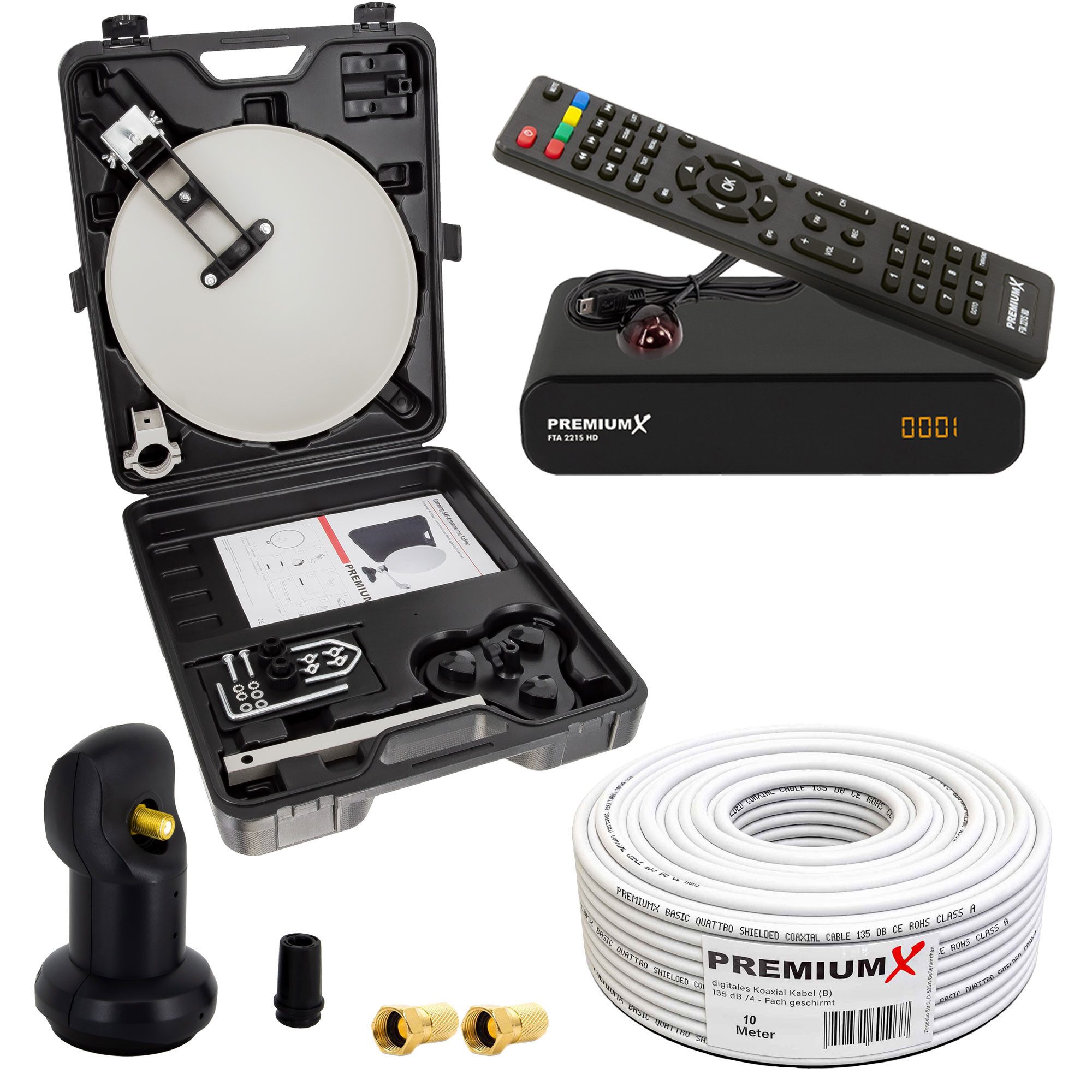 PremiumX Camping SAT Anlage HD TV Receiver Single LNB Kabel F-Stecker Koffer SAT-Antenne