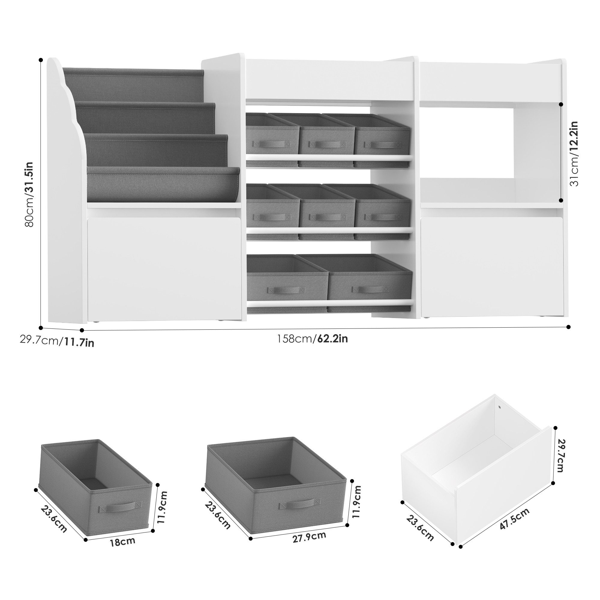 HOMECHO Spielzeugtruhe, Kinderregal mit 8 Boxen auf Rollen Weiß, 158x80x29.7cm