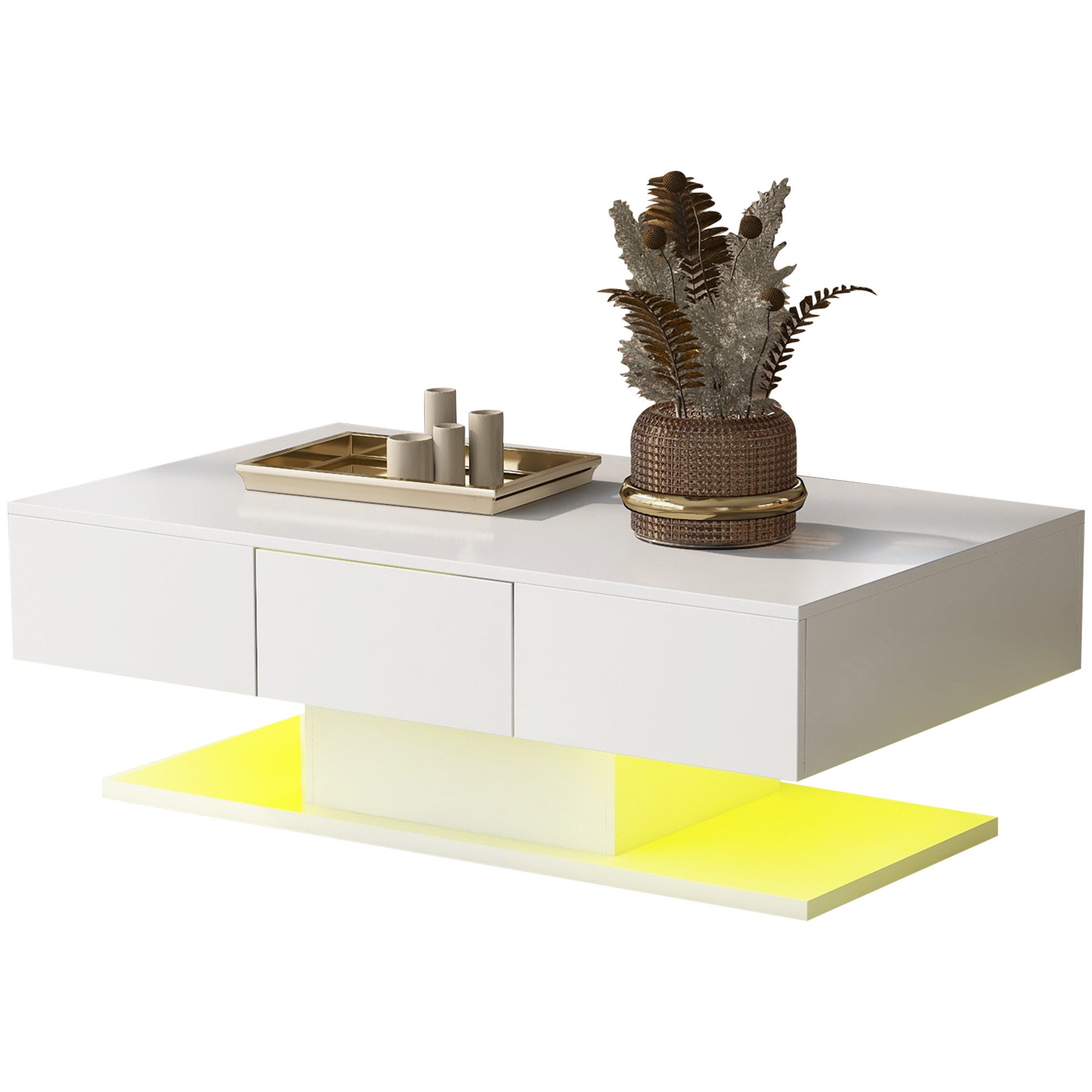 Merax Couchtisch Holz mit LED-Beleuchtung und 2 Schubladen, Beistelltisch mit hochglänzender Tischplatte, Wohnzimmertisch