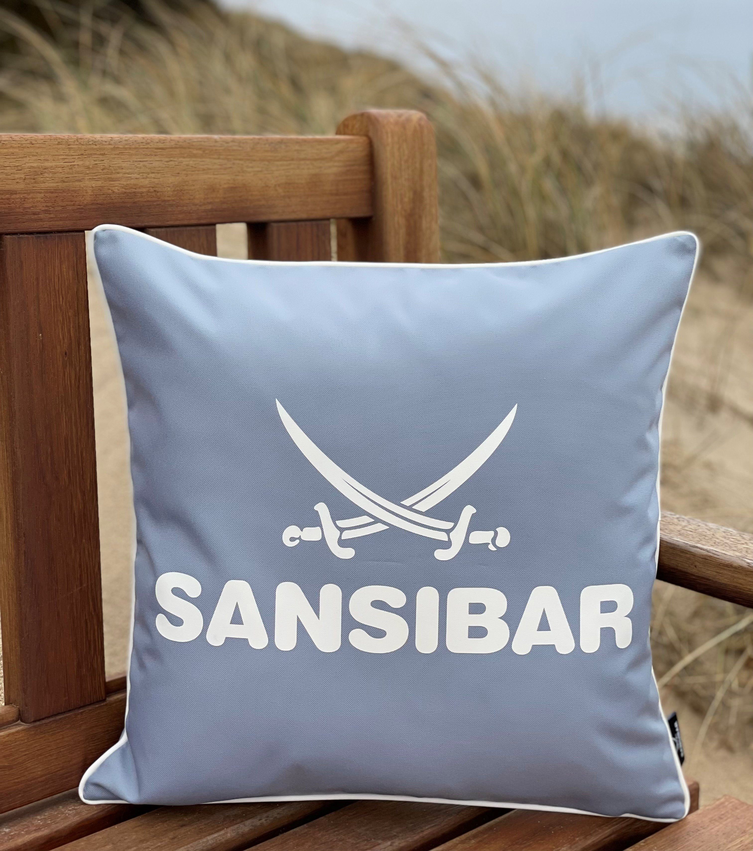 Sansibar Sylt Dekokissen Outdoor Kissen Sansibar cm, Logodruck, 45x45 und silber/offwhite Kissenfüllung, geeignet, (1 wasser- Stück), schmutzabweisend Outdoor