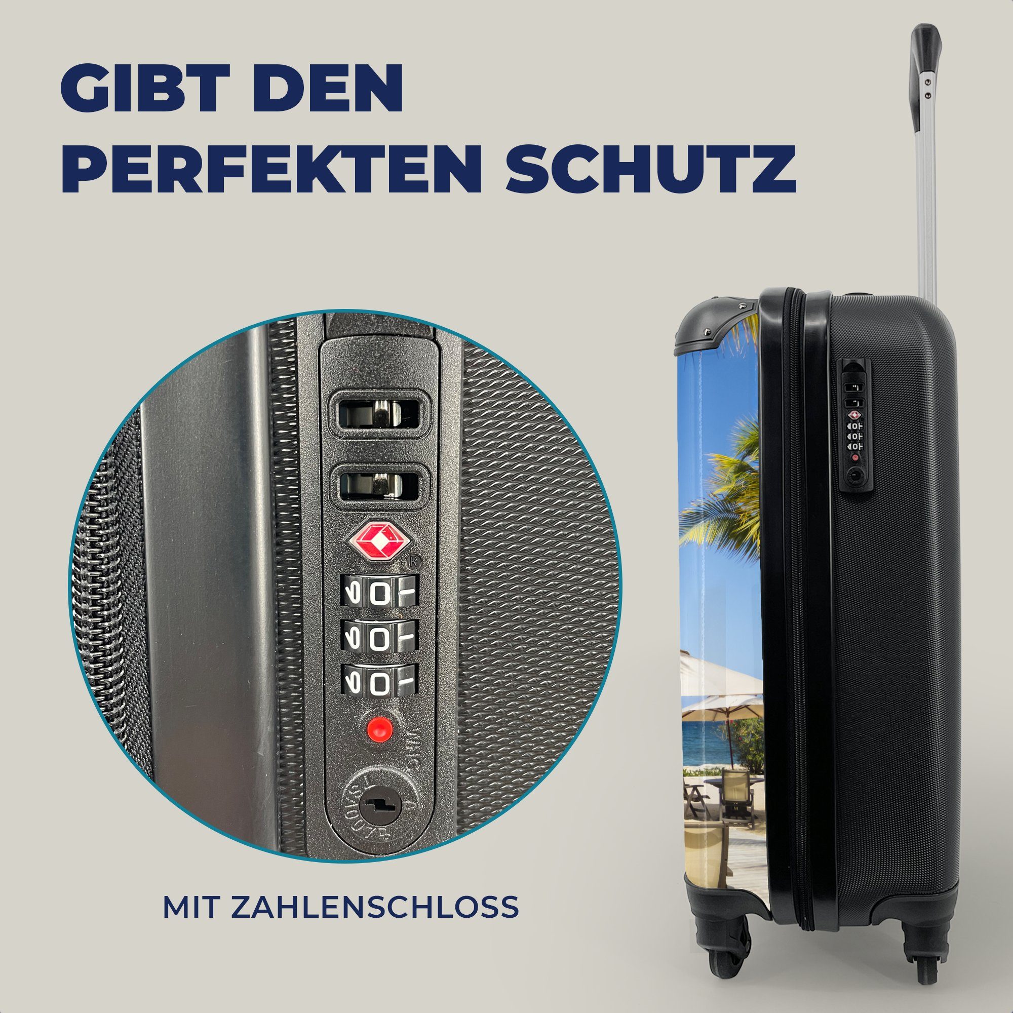 MuchoWow Handgepäckkoffer Farbiger Wegweiser mit Weltstädten am Strand in Jamaika, 4 Rollen, Reisetasche mit rollen, Handgepäck für Ferien, Trolley, Reisekoffer
