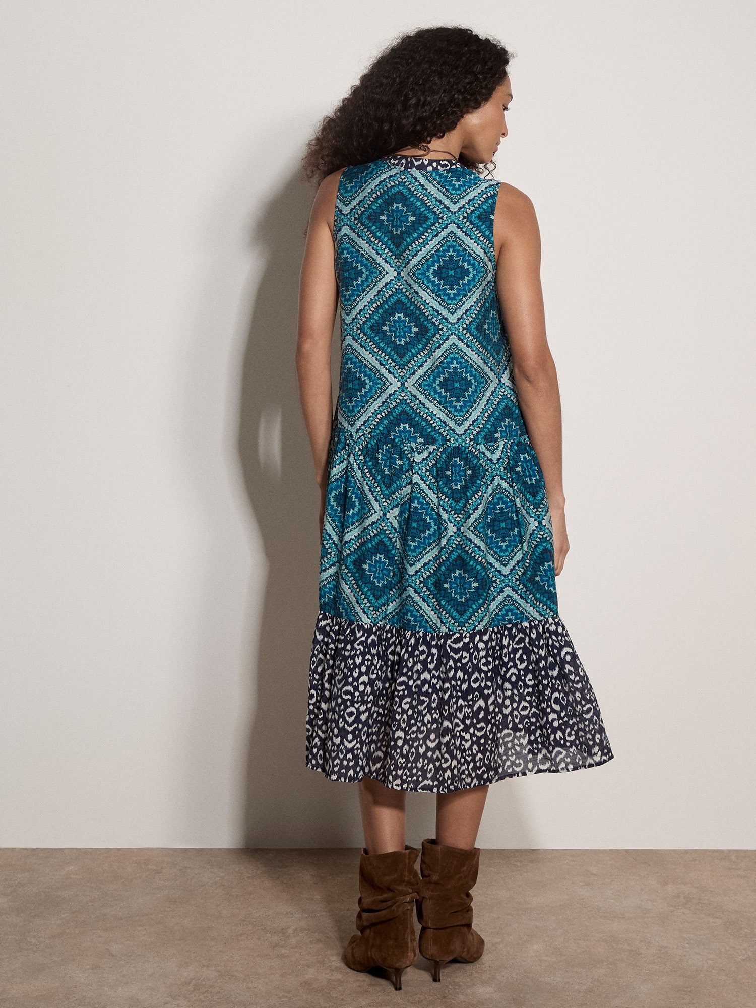 Apricot Druckkleid Geometrisches Patchwork-Midi-Kleid Druck