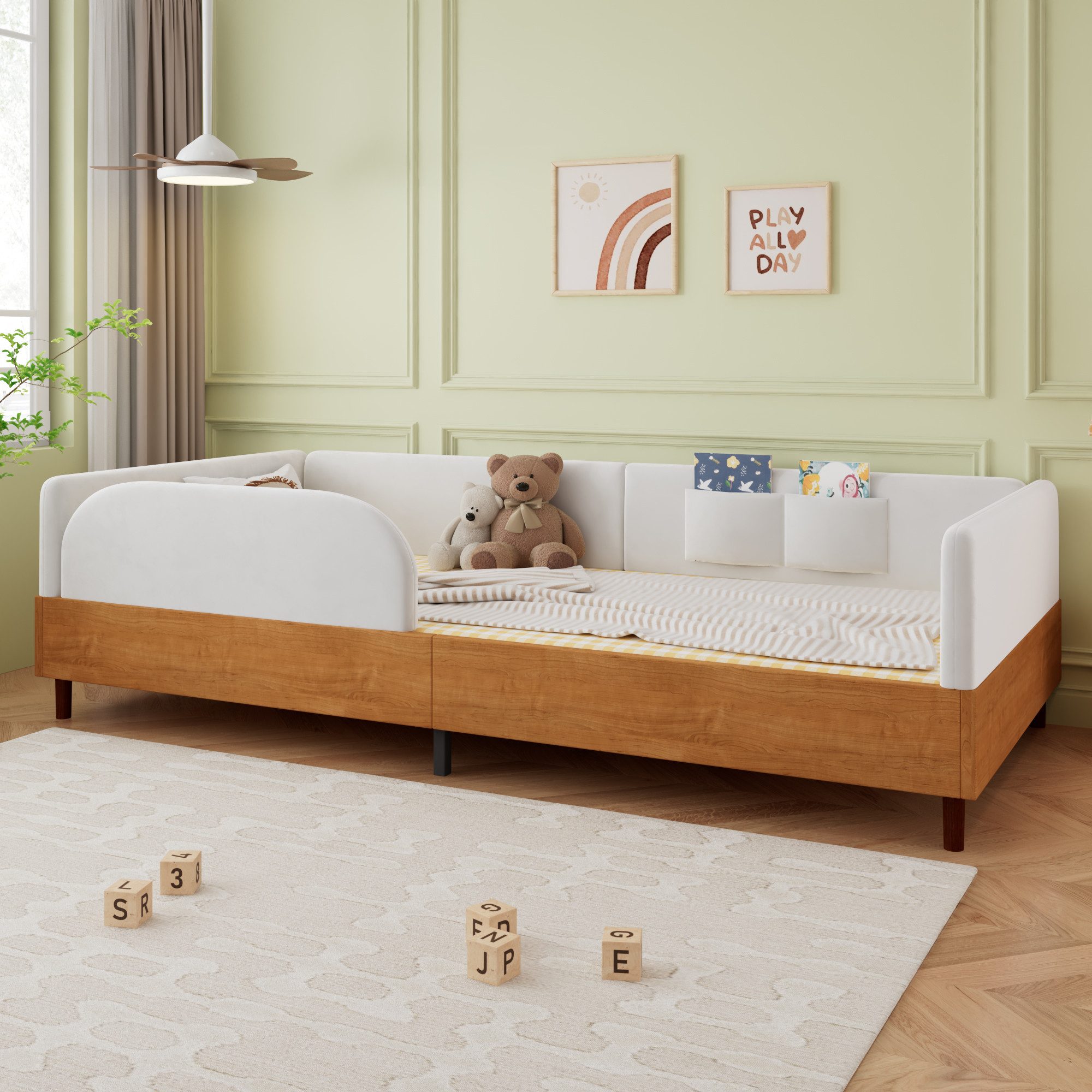Odikalo Kinderbett 90x200 Polsterbett mit 2 Stautaschen, Samt & Holz Design (Modernes Polsterbett für Kinderzimmer, Weiche Antikollisions-Schwammkante, Stabiler Bettrahmen)