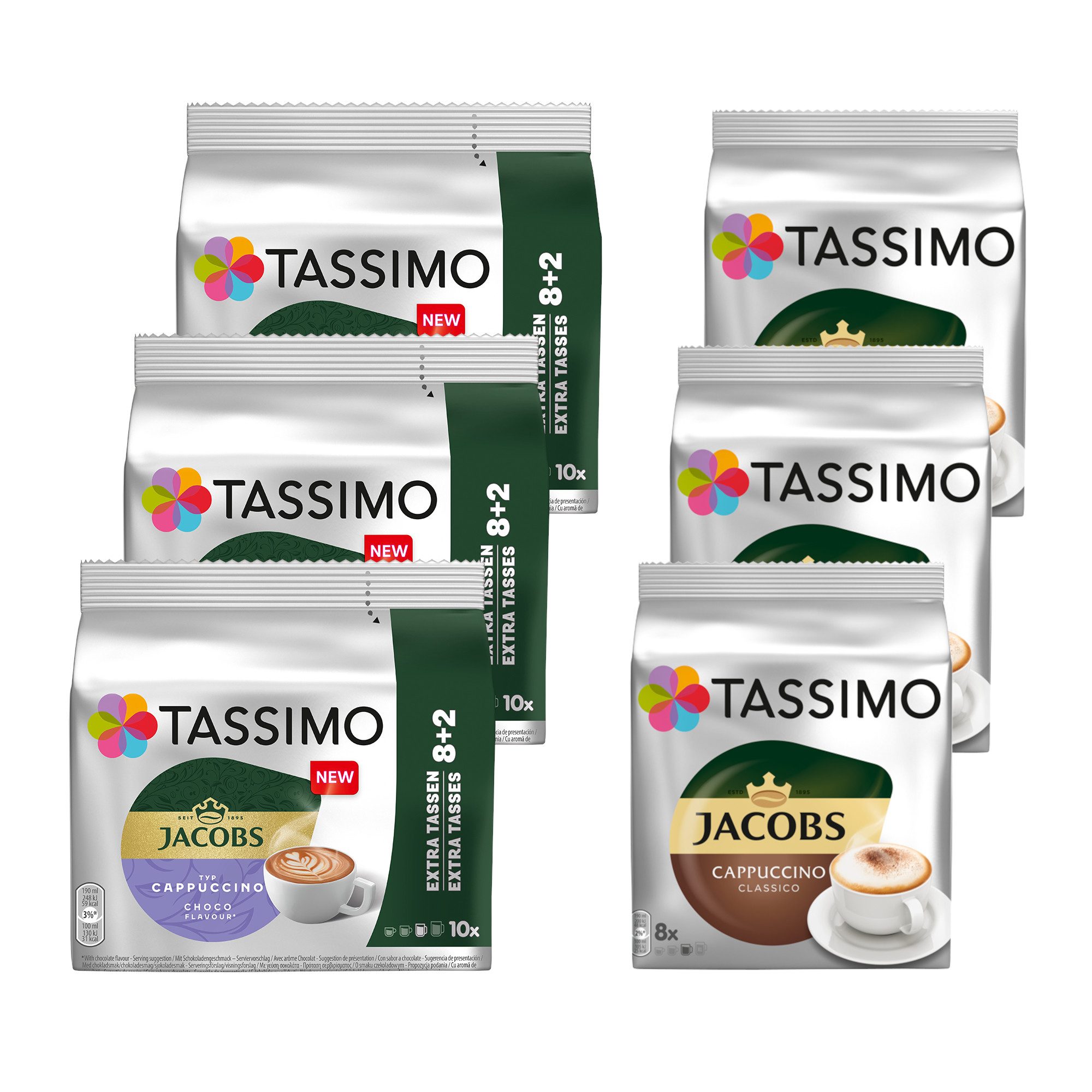 TASSIMO Kaffee Kapseln Cappuccino Mix Choco & Classic je 3x = 54 Getränke, 1260 g, (Packung, 6er Pack), Cappuccino Vielfalt