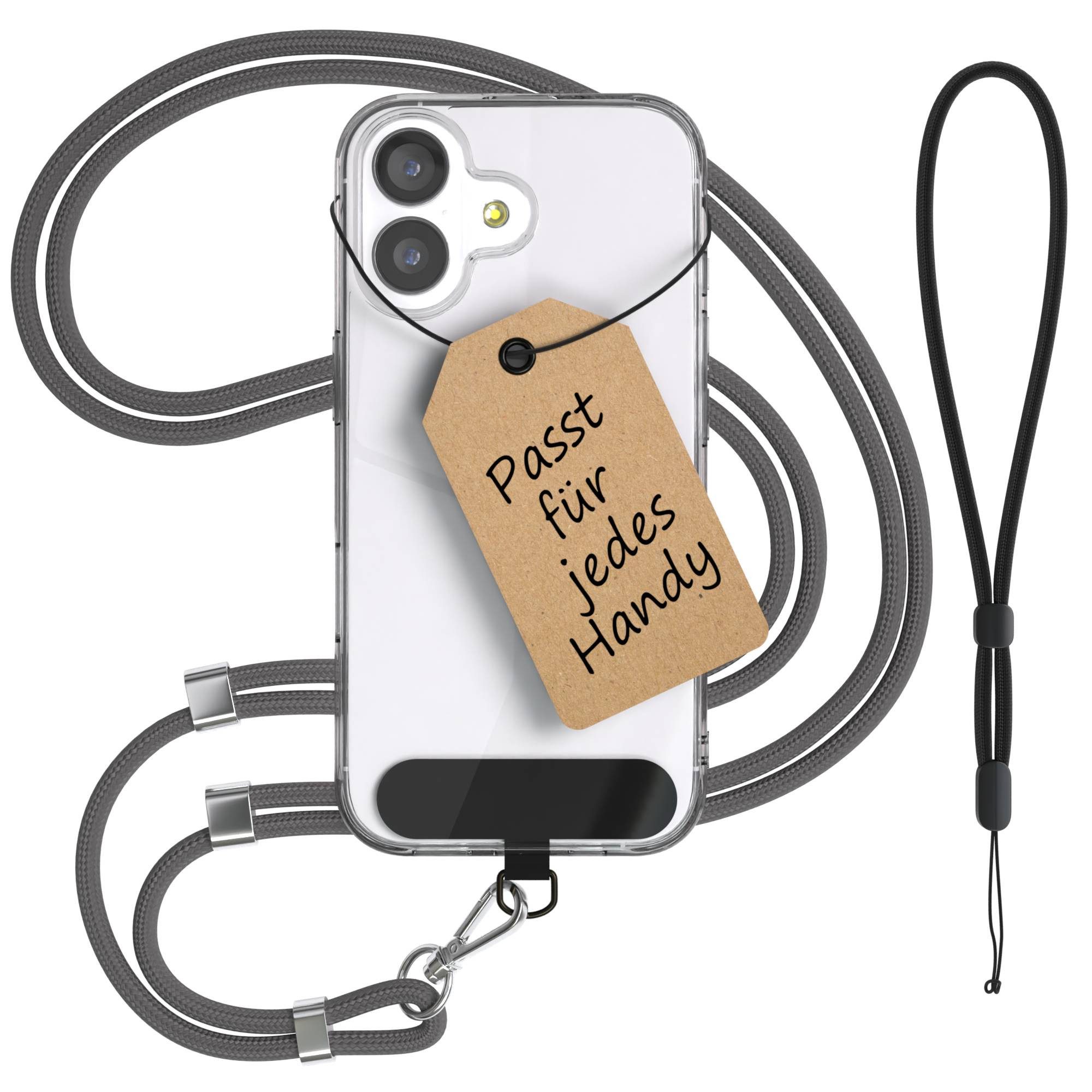 EAZY CASE Handykette Universal Handykette für alle Modelle zum Umhängen, Handykette für Xiaomi Huawei Samsung iPhone Klebepad + Karabiner Grau