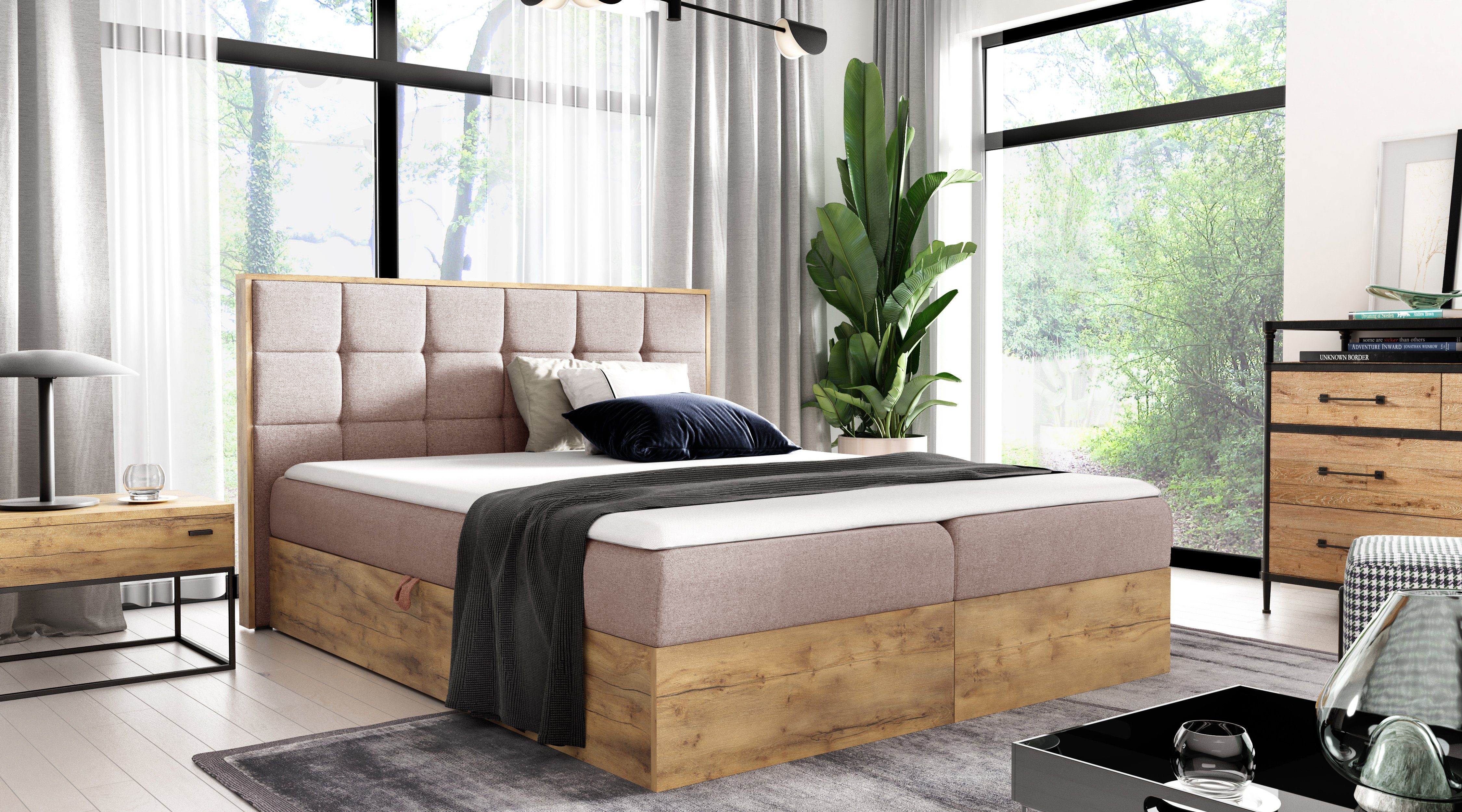 yourhouse24 Boxspringbett Wood I mit zwei Bettkästen, Doppelbett mit Bonell-Matratze + Topper