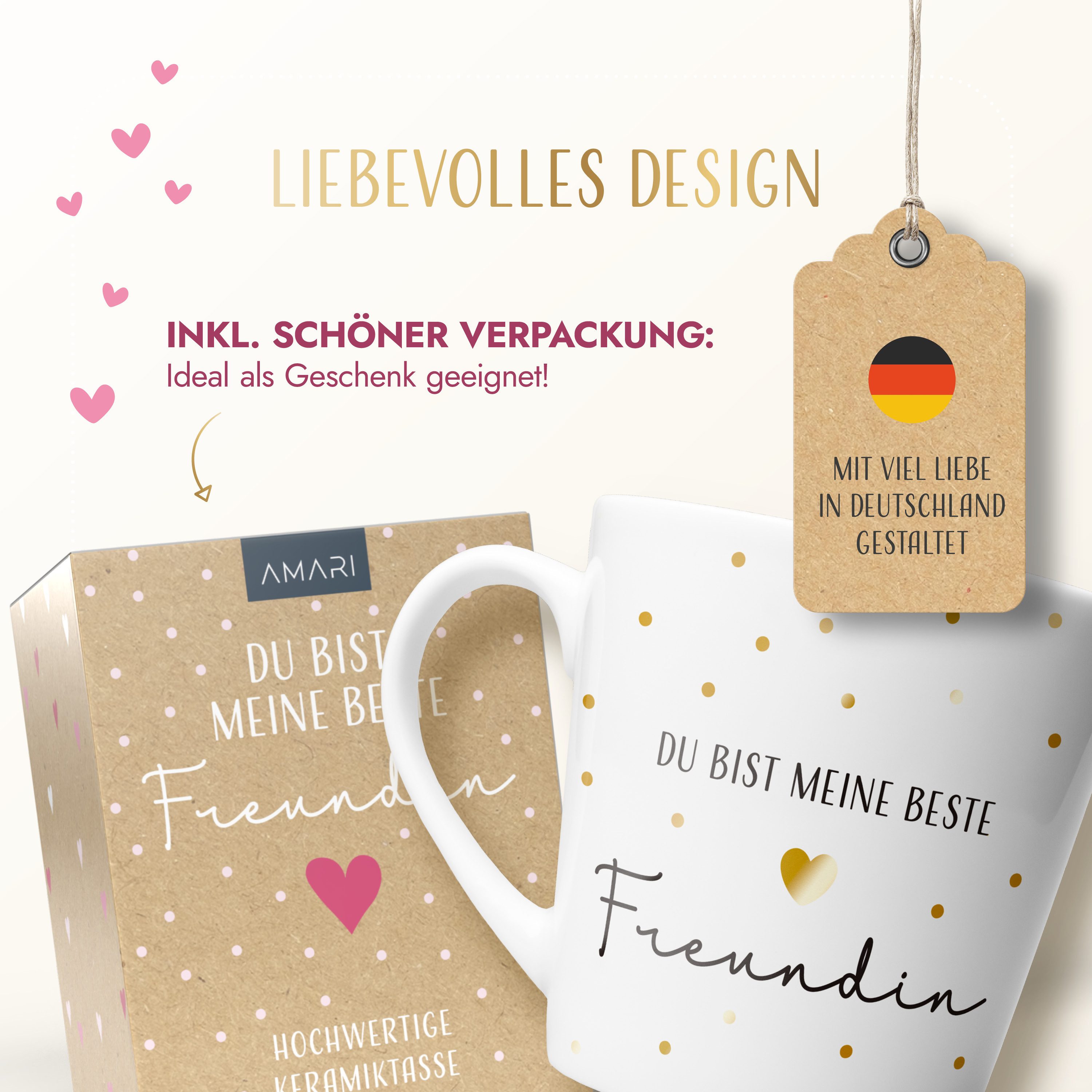 Amari Tasse Beste Freundin Spruch Gold, Geschenk beste Freundin Dankeschön, 1-tlg., Keramik, Kaffeetasse Teetasse 330 ml Geschenkbox Geburtstag Freundschaft – Bild 4 von 5