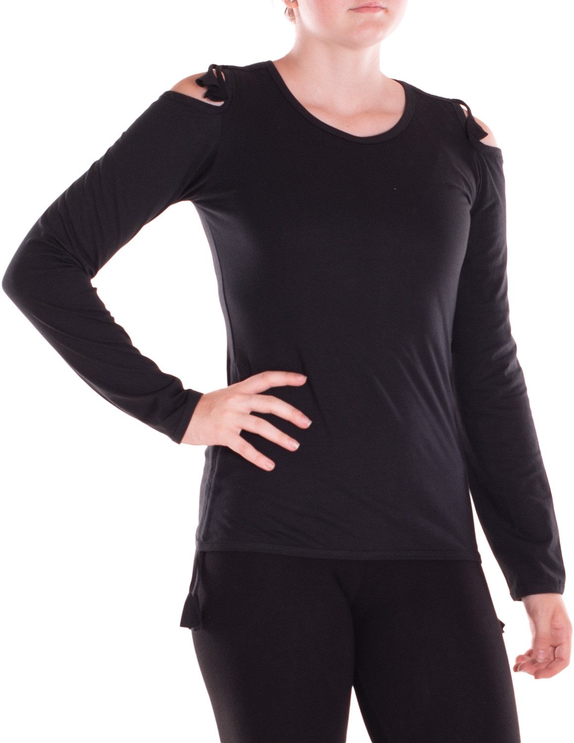 Langarmshirt Damen Shirt Offene Schulter Raffung Jersey Baumwolle