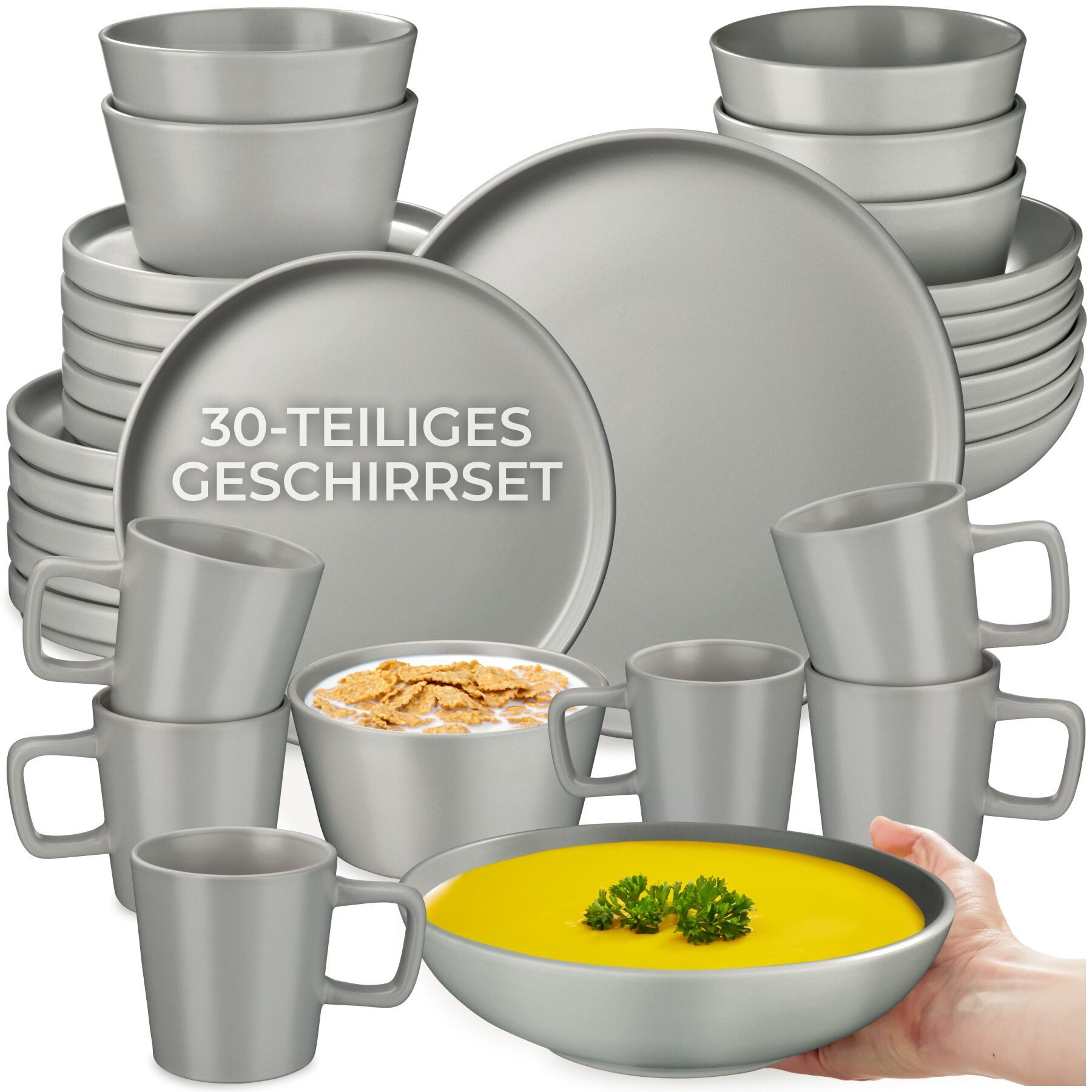 tectake Geschirr-Set Tafelservice aus Steingut für 6 Personen, ineinander stapelbar (30-tlg), 6 Personen, Steingut, im Urban-Style, mit Glasur, spülmaschinen- und mikrowellengeeignet