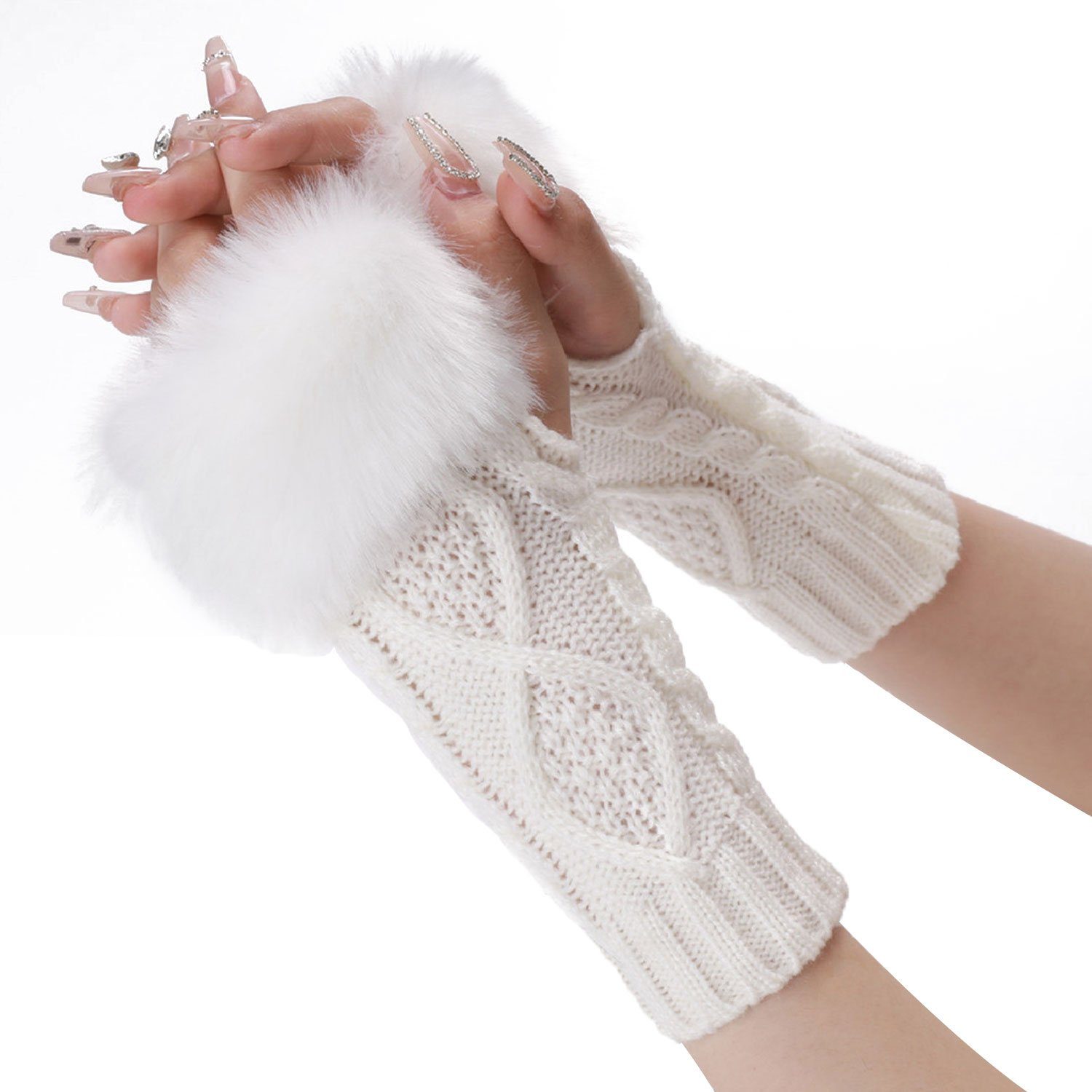 Strickhandschuhe MAGICSHE Kunstpelz Damen Handschuhe Weiß Fingerlose Gestrickte