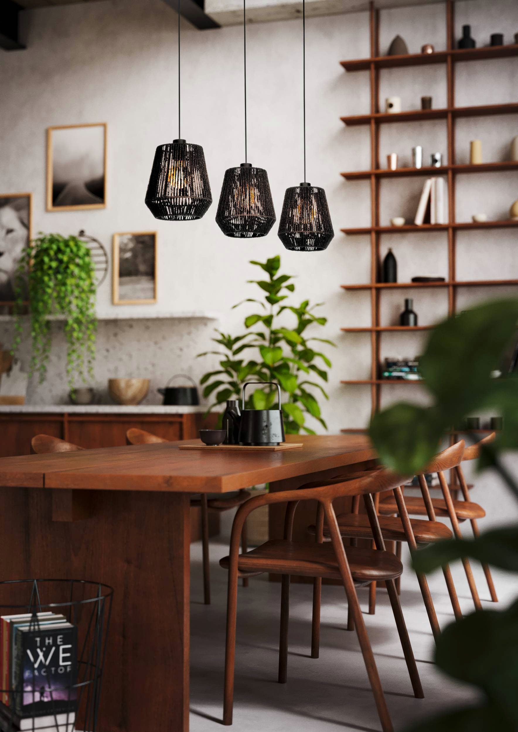 EGLO Hängeleuchte Persley Pendelleuchte, Esszimmerlampe Japan-Stil, E27, Hängelampe, ohne Leuchtmittel, Hängeleuchte - L92 x B22 x H110 cm - schwarz - 3X60W exkl.