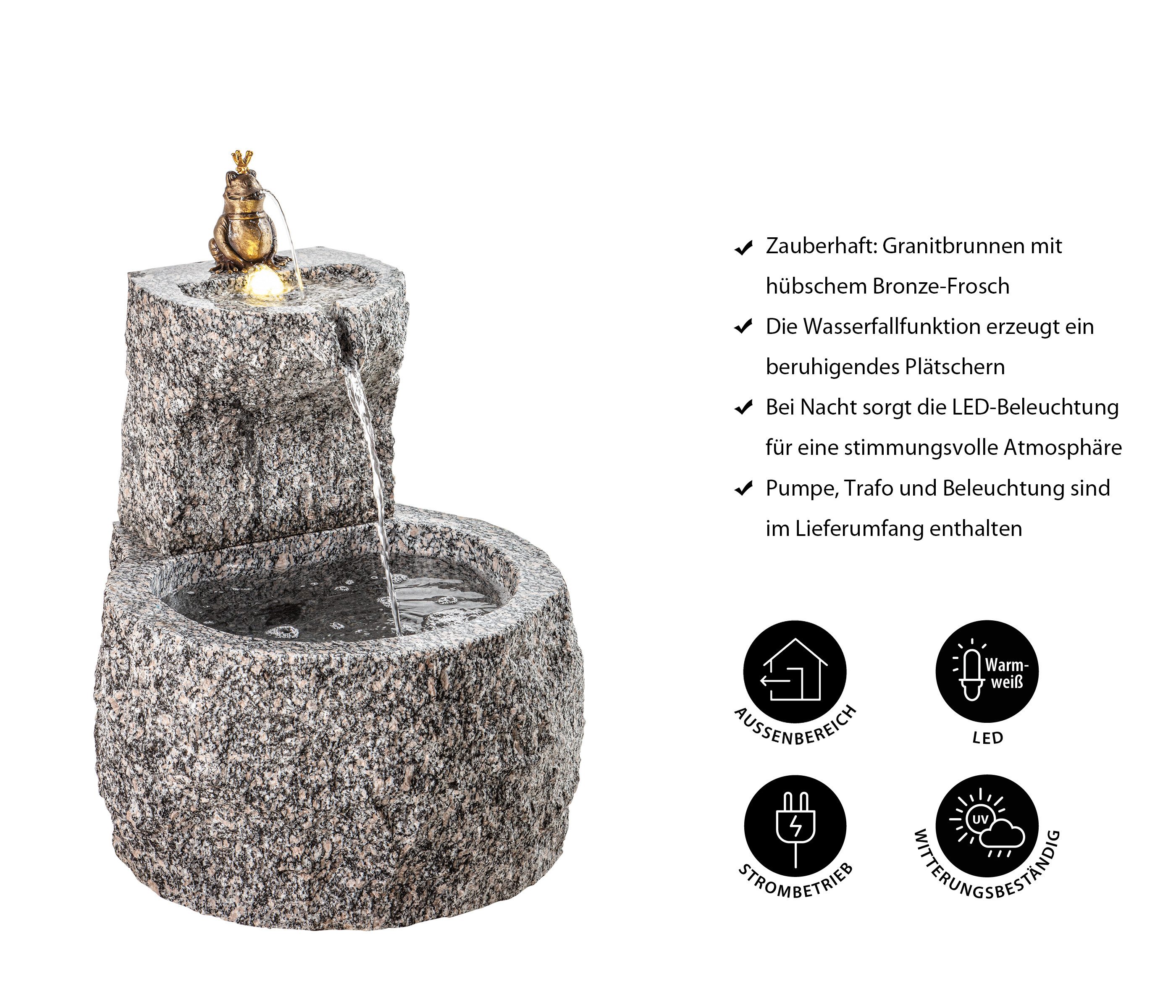 Dehner Gartenbrunnen Froschkönig mit LED, Ø 50 x 55 cm, Granit, Wassersprinkler mit Frosch aus Bronze, inkl. Pumpe / Trafo