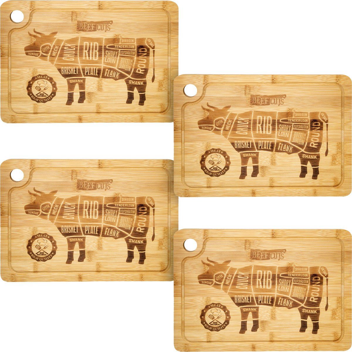 DuneDesign Schneidebrett Steakbrett 4er Set Bambus Holzbrett mit Gravur, Holz, Holzbrett ruschfest 33x23x2cm | Schneidebretter