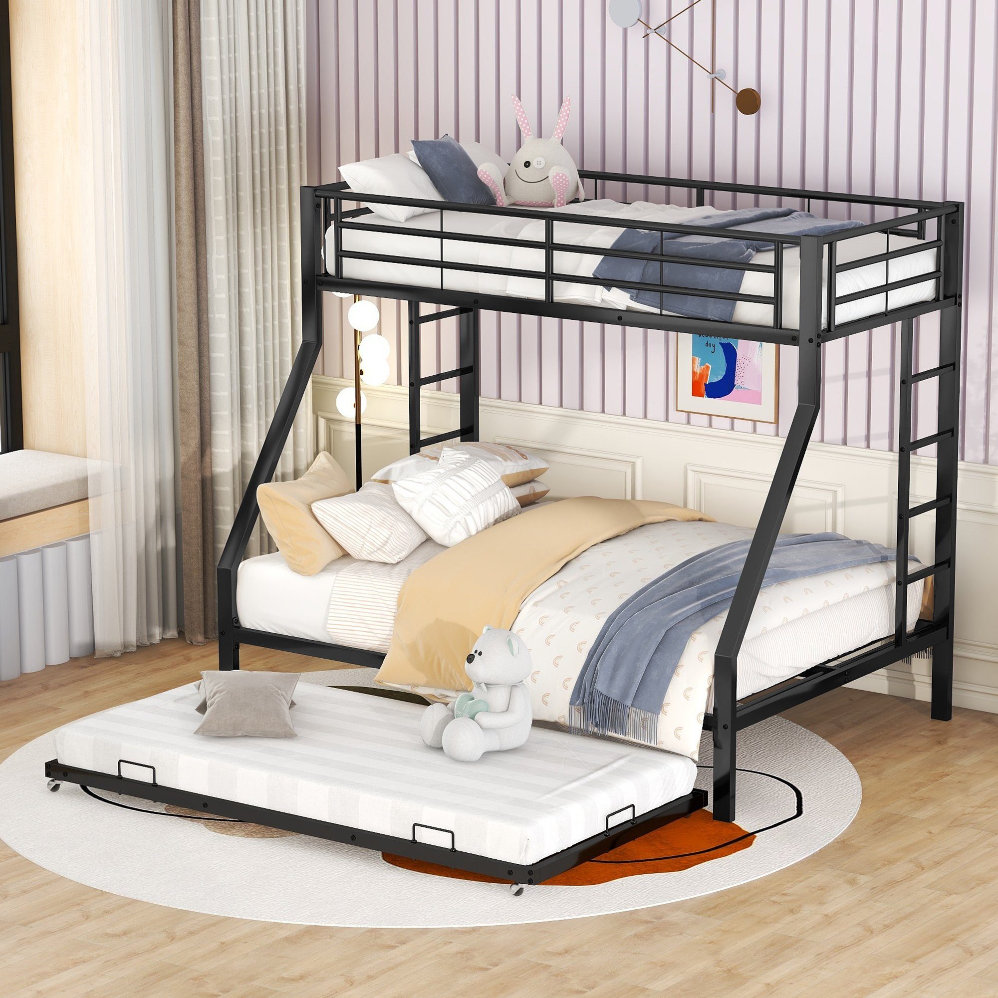 Fangqi Leiter Bett; schwarz Seiten Etagenbett 90(140)x200 mit Etagenbett beiden ausziehbarem auf