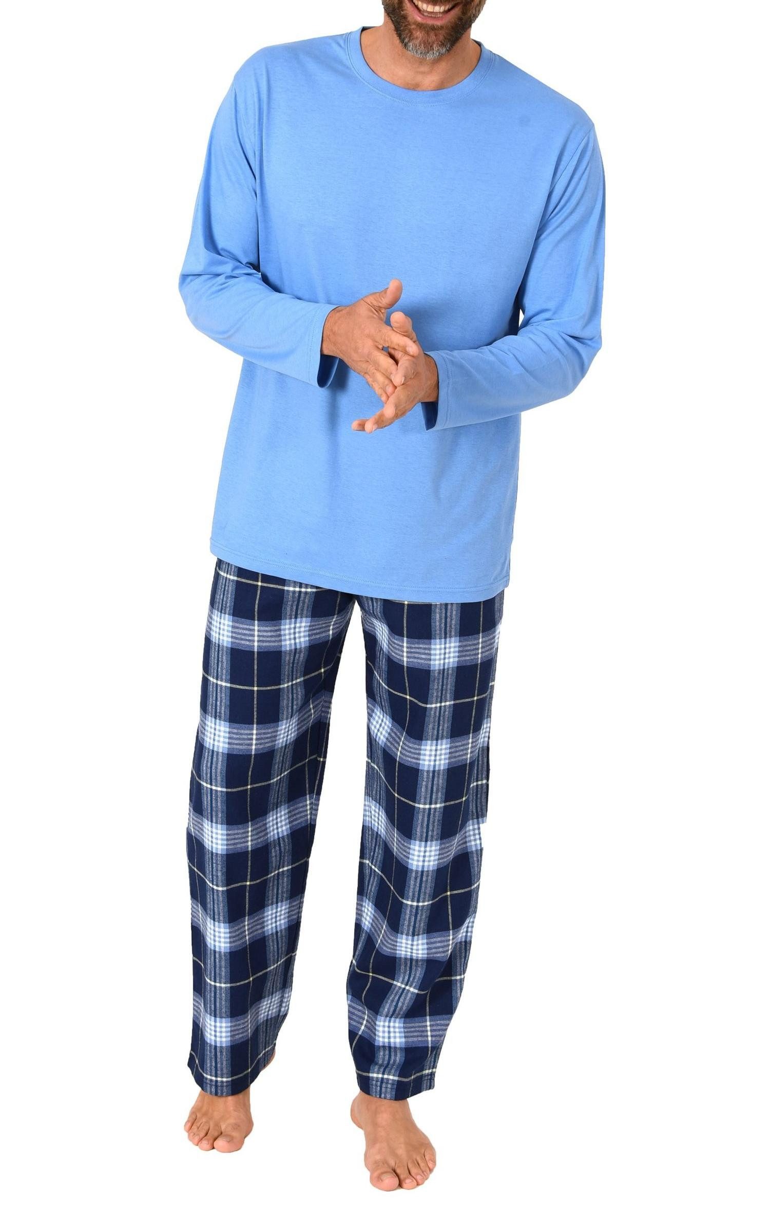 Normann Pyjama Herren Schlafanzug lang, Pyjama mit Flanell-Hose in Karo-Optik