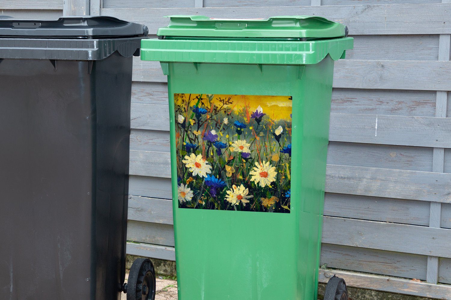 Wandsticker - Abfalbehälter Container, Mülltonne, Natur - (1 Ölfarbe Sticker, - Blumen Malerei MuchoWow St), Mülleimer-aufkleber,