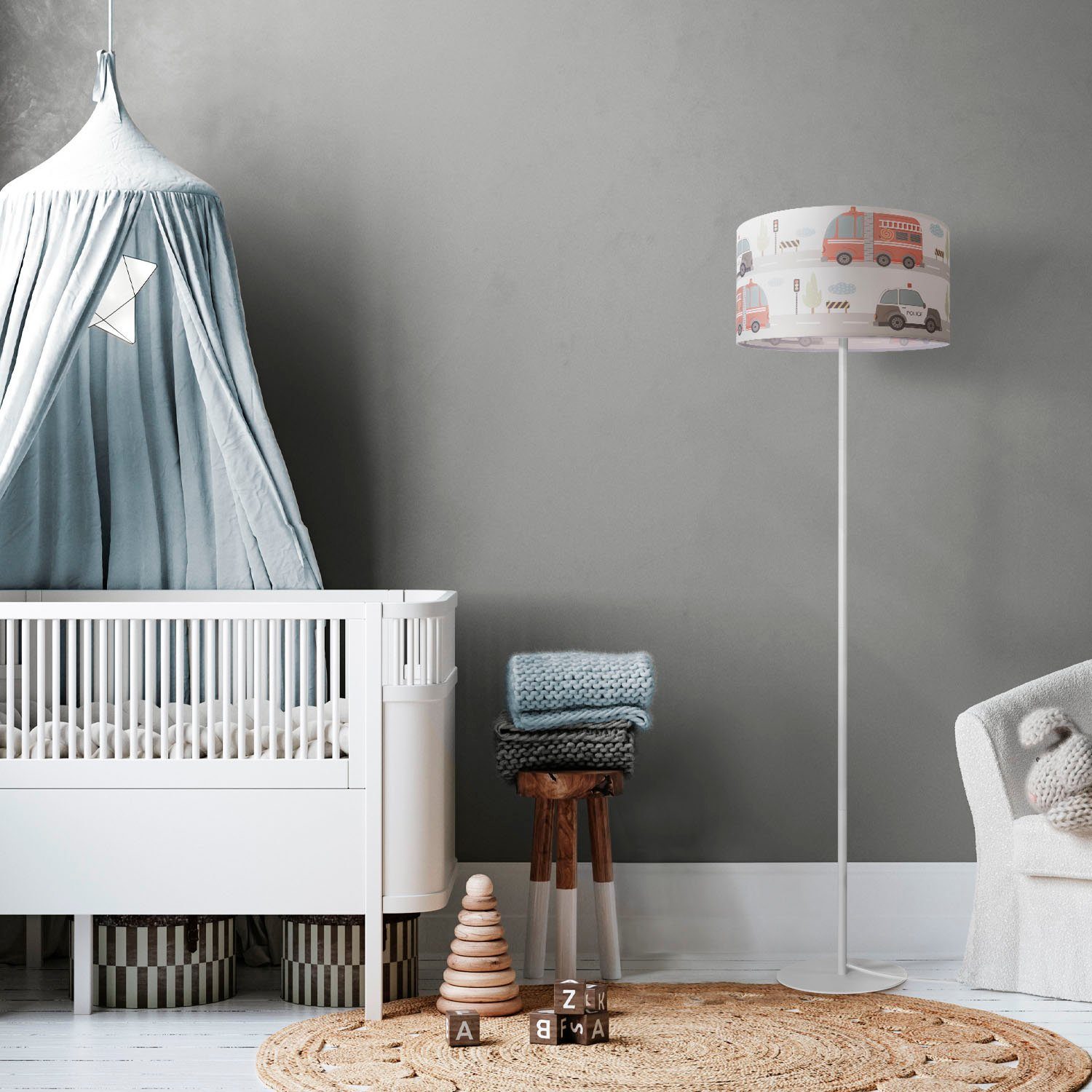 Paco Home Stehlampe Kinder Luca Stoff Stehlampe Capri, Leuchtmittel, ohne Feuerwehr Lampenschirm Babyzimmer Lampe