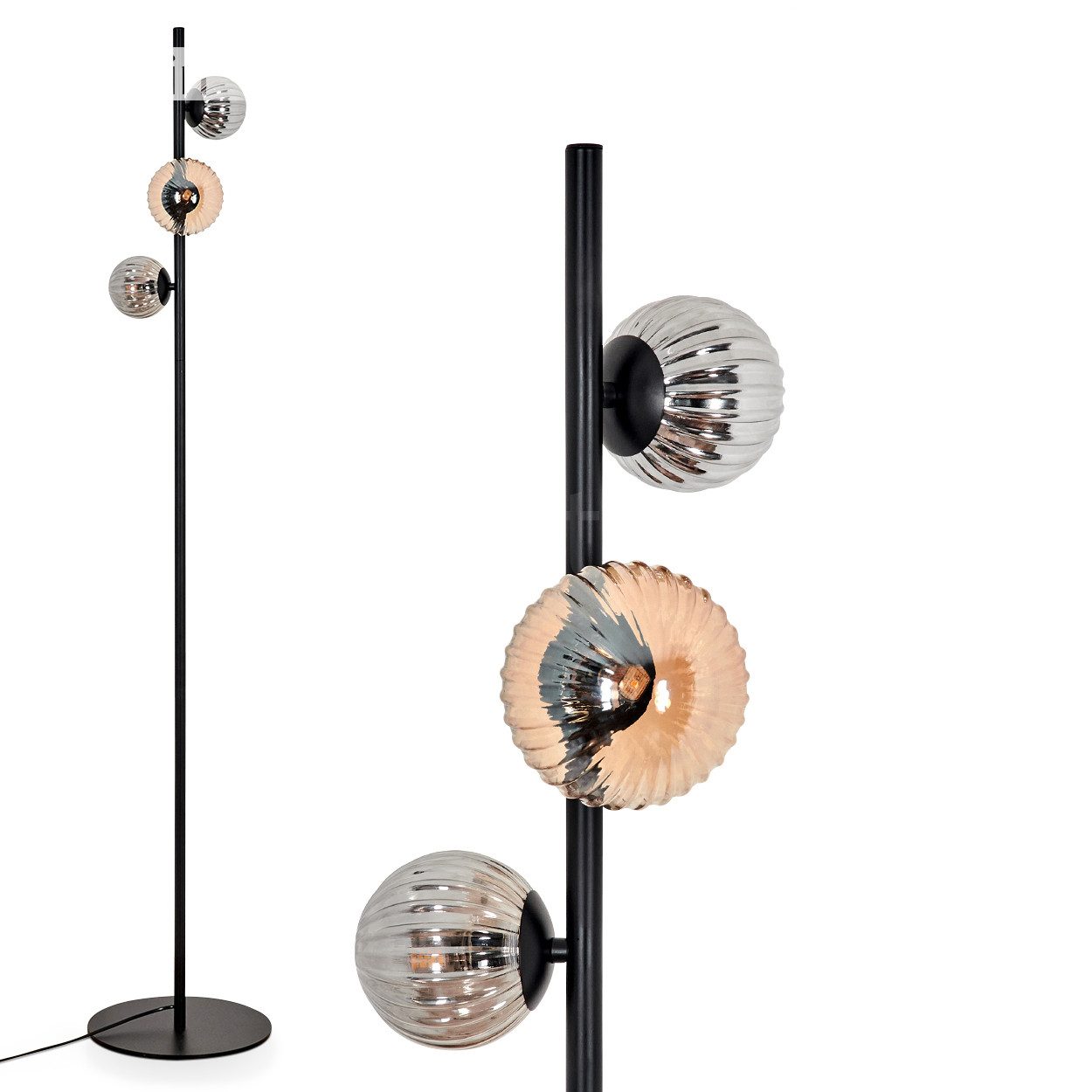 Stehlampe Stehlampe aus Metall/Riffelglas in Schwarz/Rauch/Bernstein