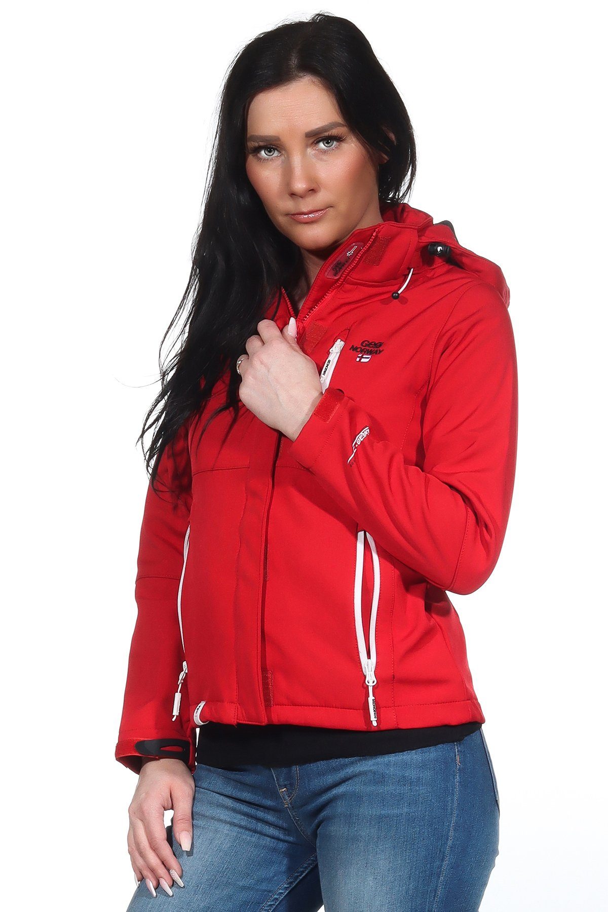 by leyoley Geographical Stehkragen, Softshelljacke G-Tara Geographical Wetterschutz mit Softshelljacke abnehmbarer Norway Kapuze, Norway Damen Rot