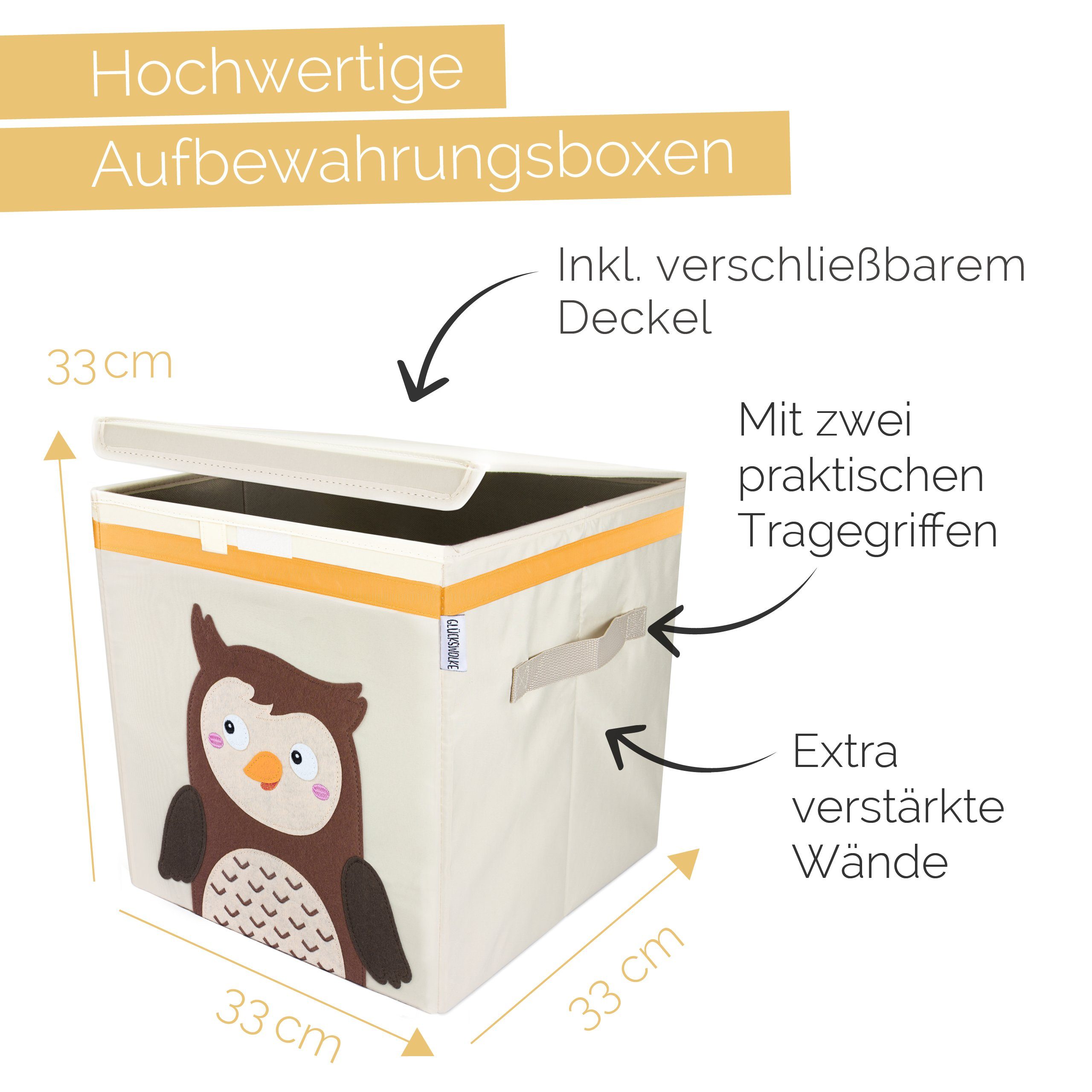 GLÜCKSWOLKE Aufbewahrungsbox Kinder - 15 Motive I Spielzeugkiste mit Deckel für Kinderzimmer (Größe 33x33x33), Boxen zur Aufbewahrung im Kallax Regal I Kiste für Spielzeug