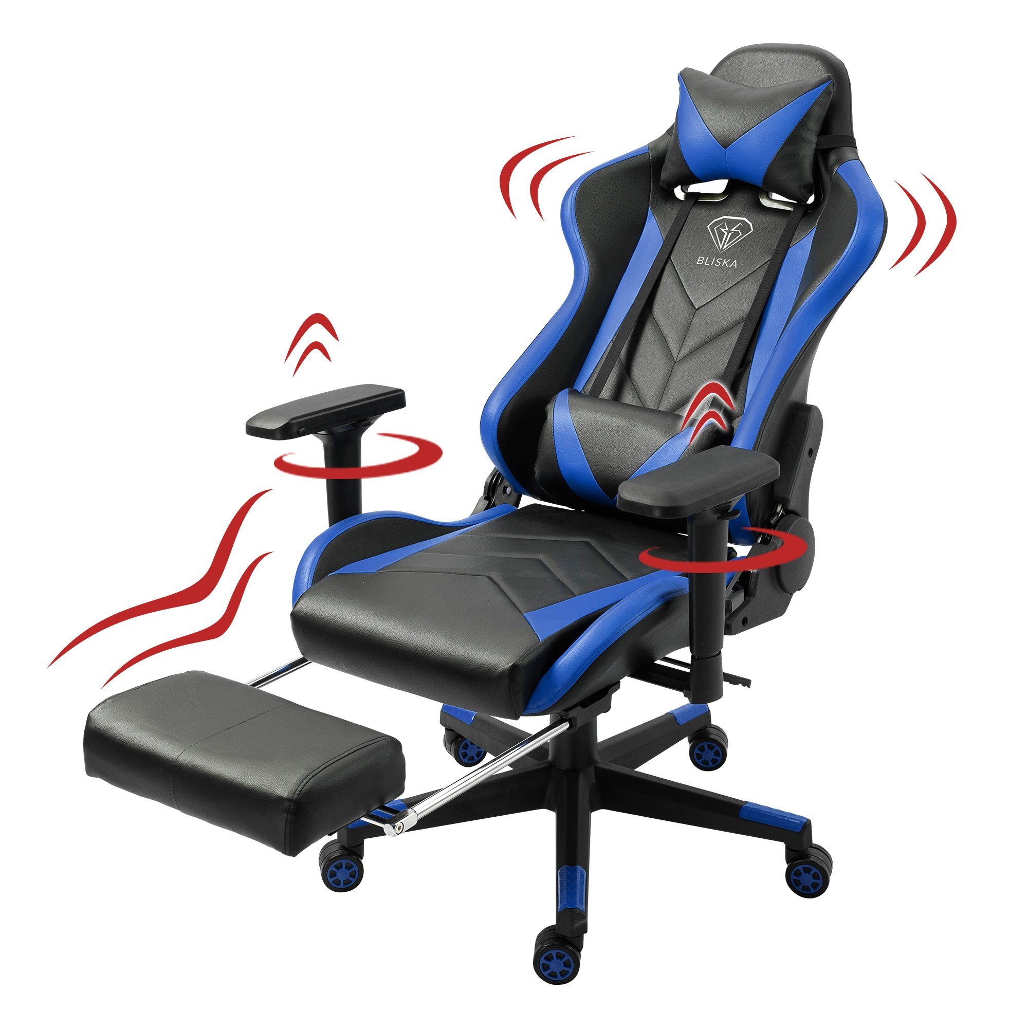 TRISENS Chefsessel Leo (1 Stück), Fußstütze chair und 4D-Armlehnen mit gaming Stuhl in Schwarz/Blau Gaming Lederoptik