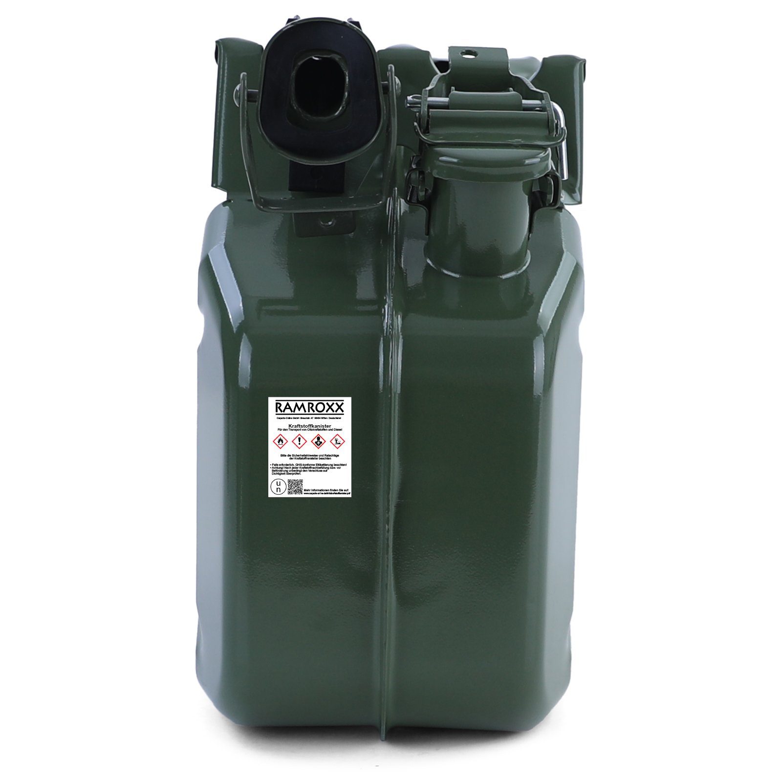 RAMROXX Benzinkanister 10L Metallkanister Kraftstoff Benzin Diesel mit Einfüllstutzen Grün
