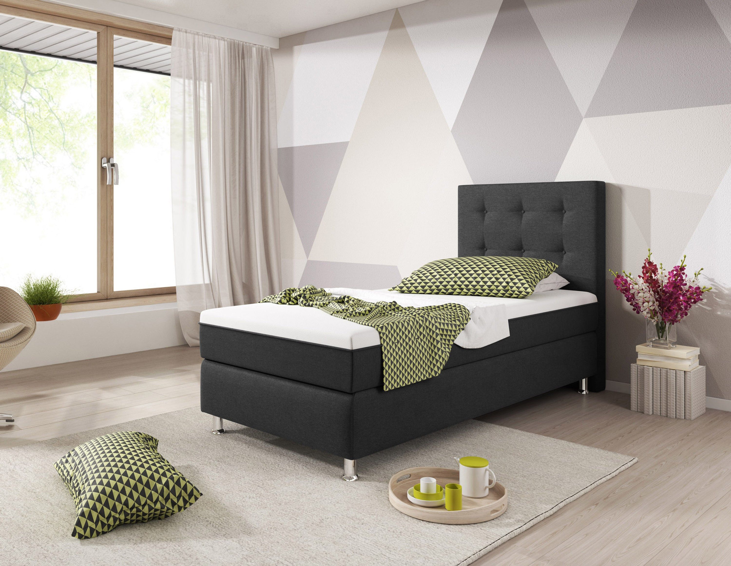 inter Boxspringbett Köln Plus 90x200 cm Taschenfederkern H3 mit Topper-Optik (Komplett Sett), SOFORT LIEFERBAR