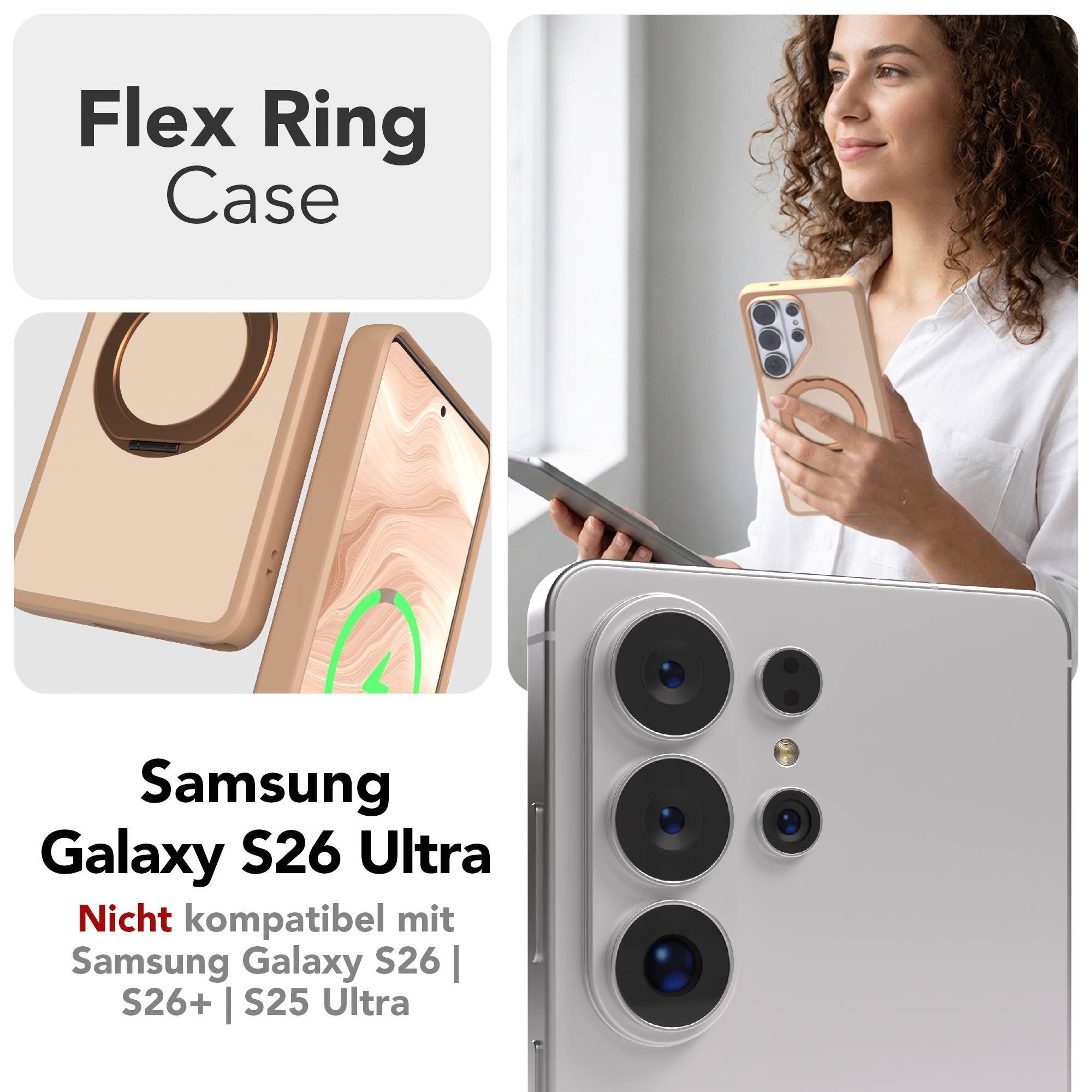EAZY CASE Handyhülle Outdoor Galaxy S26 Ultra Case mit MagSafe Rotation Ring 6,9 Zoll, Outdoor Case mit Ring zum Aufstellen für Videos kratzfest in Braun