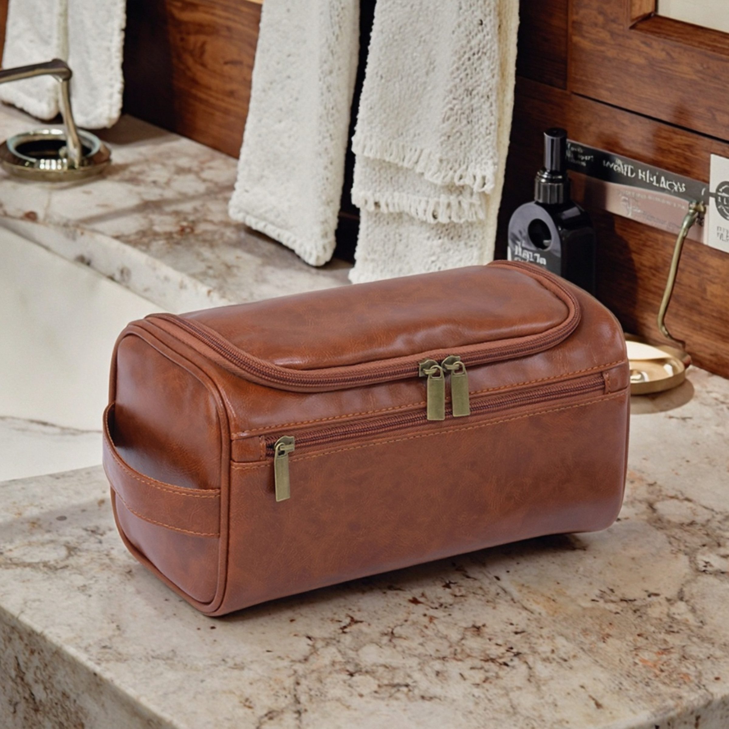 Renna Leather Kulturbeutel Kulturbeutel Leder Kosmetiktasche mit 2 Fächern für Reise