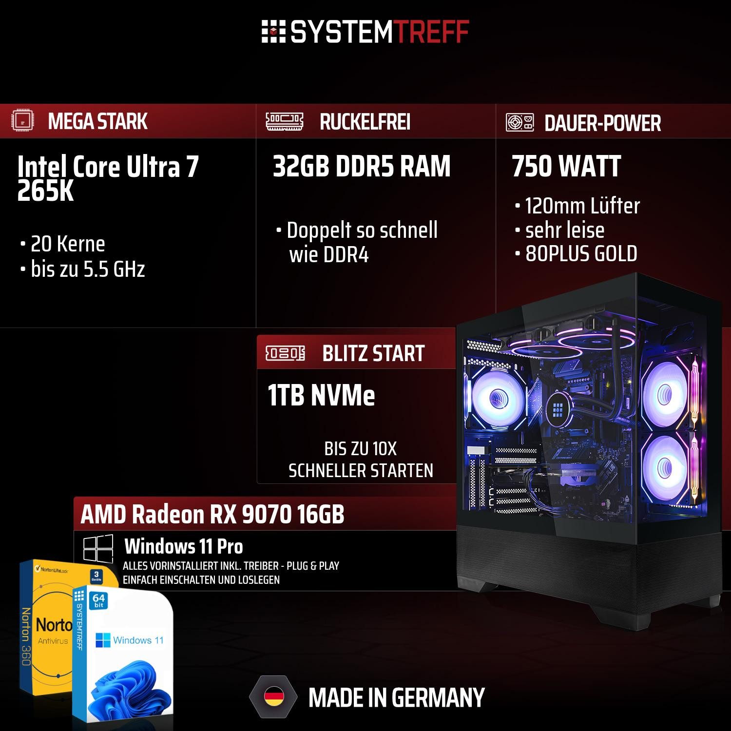 SYSTEMTREFF Intel Core Ultra 7 265K mit AMD Radeon RX 9070 16GB Gaming-PC (Intel 265K 265K, Radeon RX 9070, 32 GB RAM, 1000 GB SSD, Wasserkühlung)