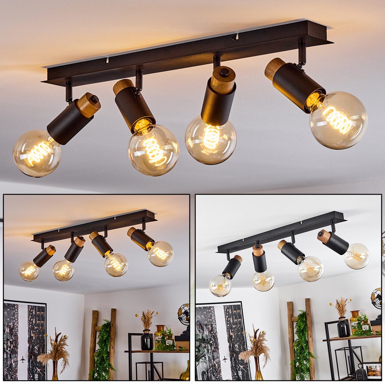 hofstein Deckenleuchte »Antea« moderne Deckenlampe aus Metall/Holz in Schwarz/Natur, ohne Leuchtmittel, m. verstellbaren Schirmen, E27max.