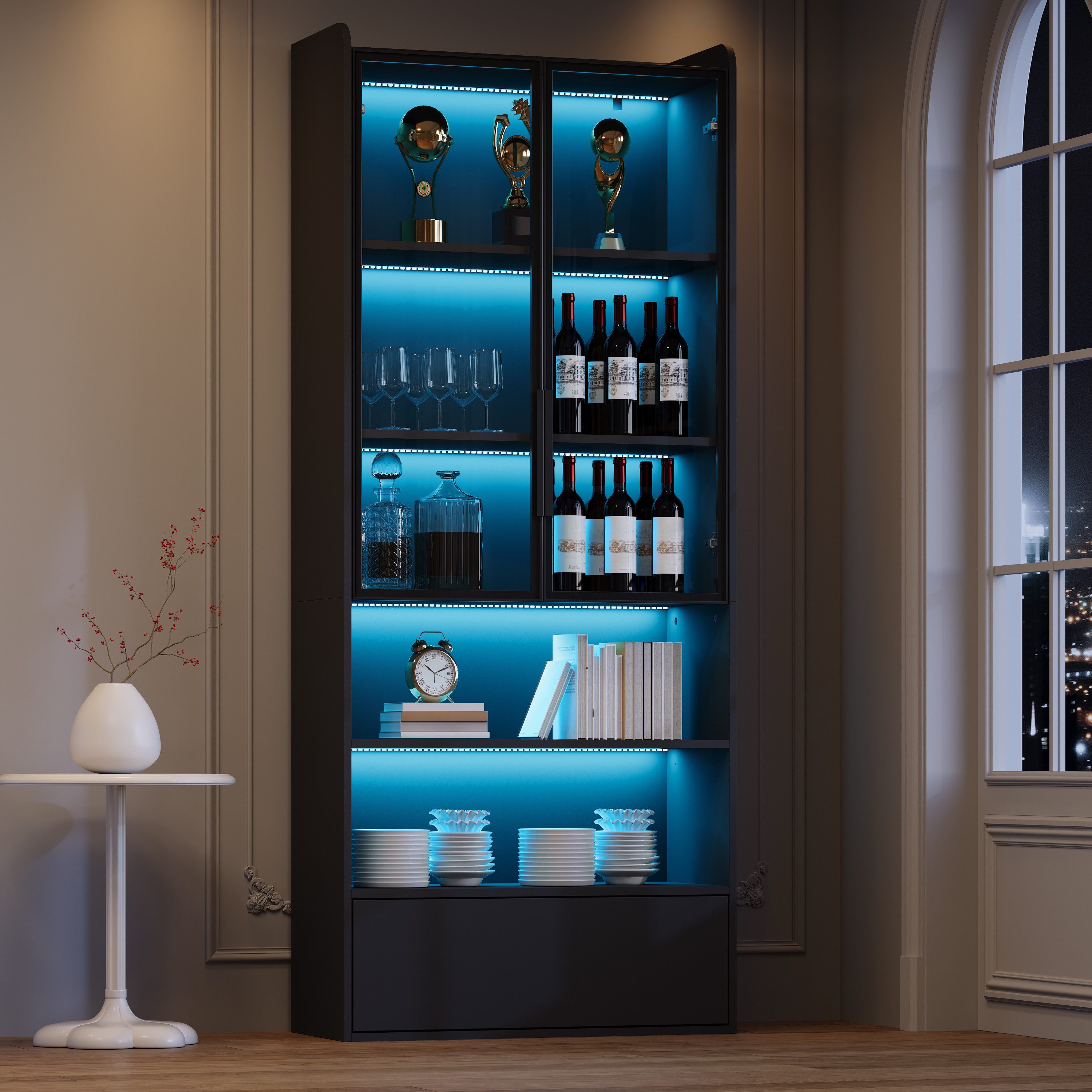 MODFU Vitrine Schlanker Hochschrank für begrenzte Stellflächen,80x34x180 cm (Packung, 1-St., Vielseitig als Wohnzimmerschrank oder dekorative Vitrine nutzbar) In Schwarz, mit LED, Glastüren, Schublade & offenen Fächern