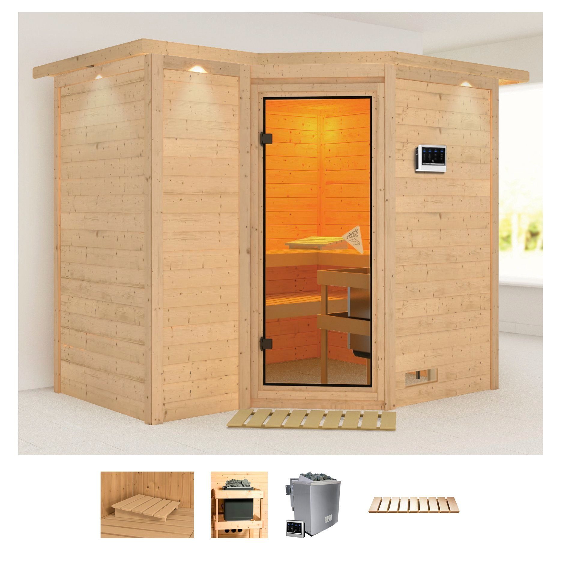 Karibu Sauna Sanna 2, BxTxH: 264 x 198 x 212 cm, 40 mm, (Set) 9-kW-Bio-Ofen mit externer Steuerung