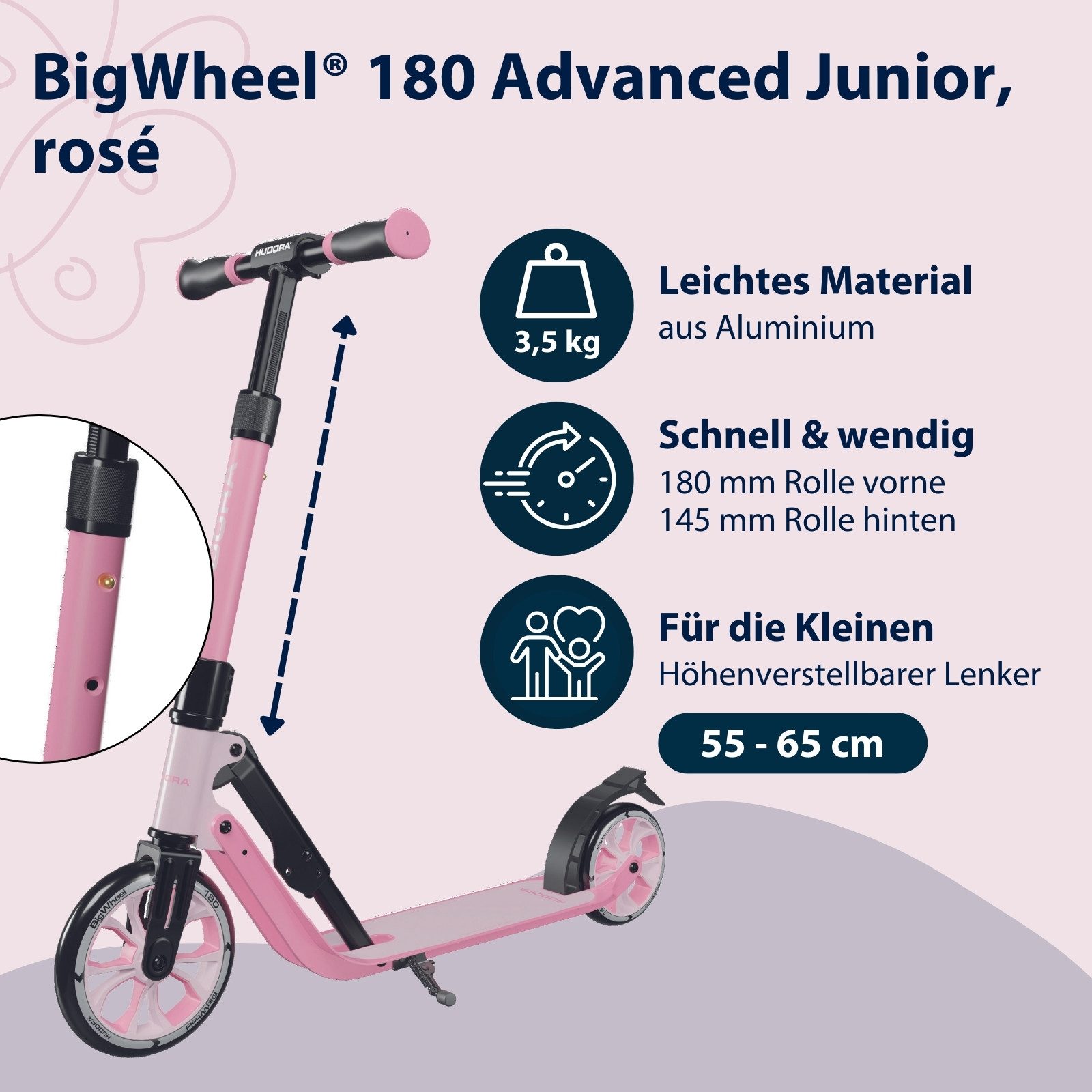 Hudora Tretroller BigWheel® 180 Advanced Junior, zusammenklappbarer, höhenverstellbar, bis 60 kg