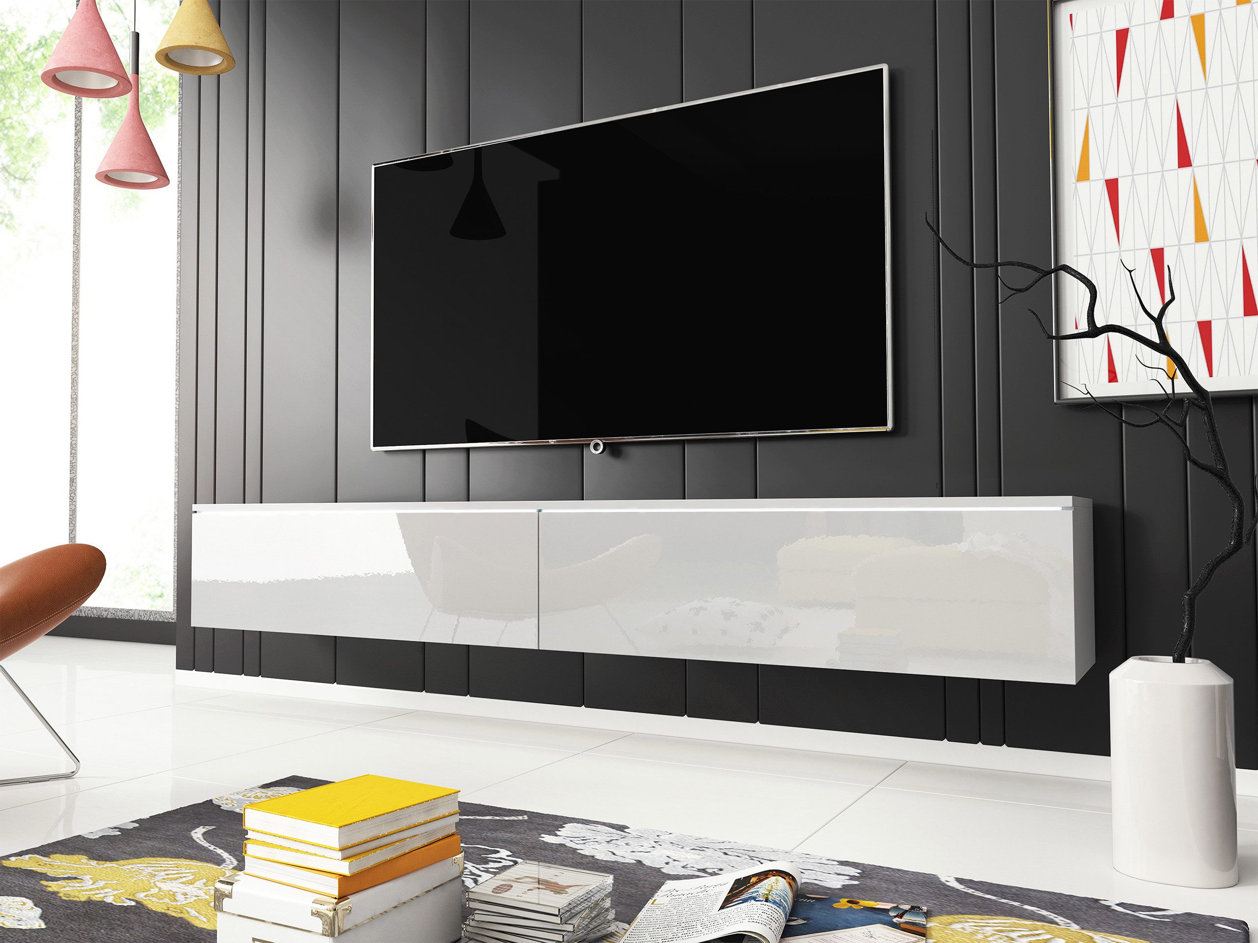 MIRJAN24 TV-Schrank D180 (mit zwei Klappen) LED Beleuchtung als Option, 180x33x30 cm