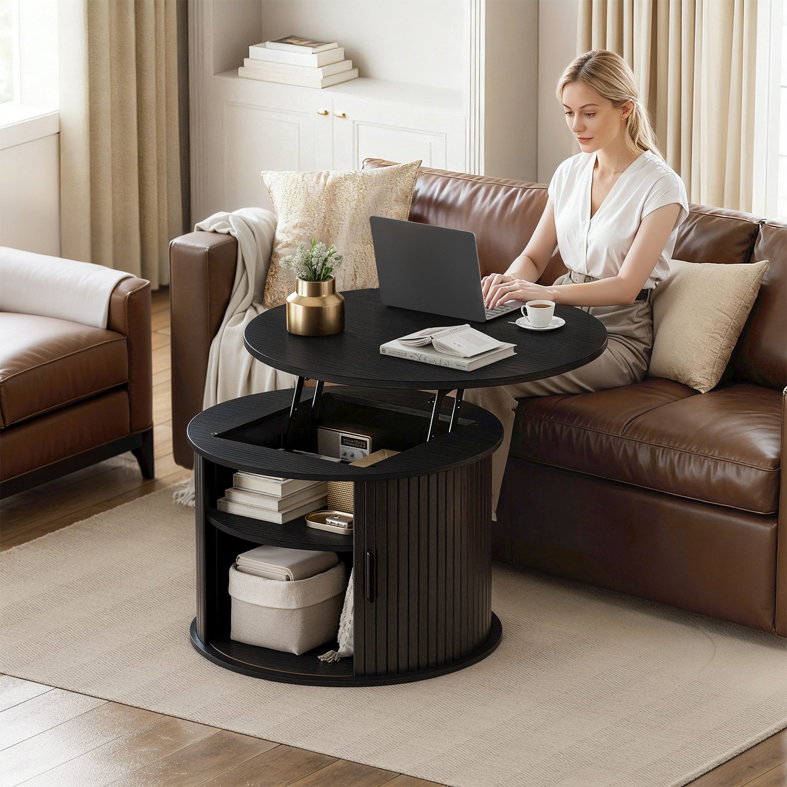 FABATO Couchtisch Runder Couchtisch mit Lift-Funktion & gewelltem Holzdekor (1-St., mit verstecktem Stauraum, offenem Regal), drehbarer Schiebetür als kleiner Esstisch fürs Wohnzimmer