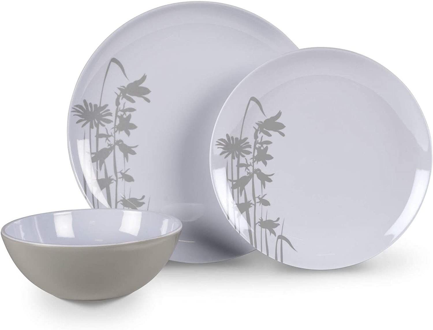 Geschirr-Set Camping Geschirr Set 1 Person 3 tlg grau weiß Blumen Blumenwiese