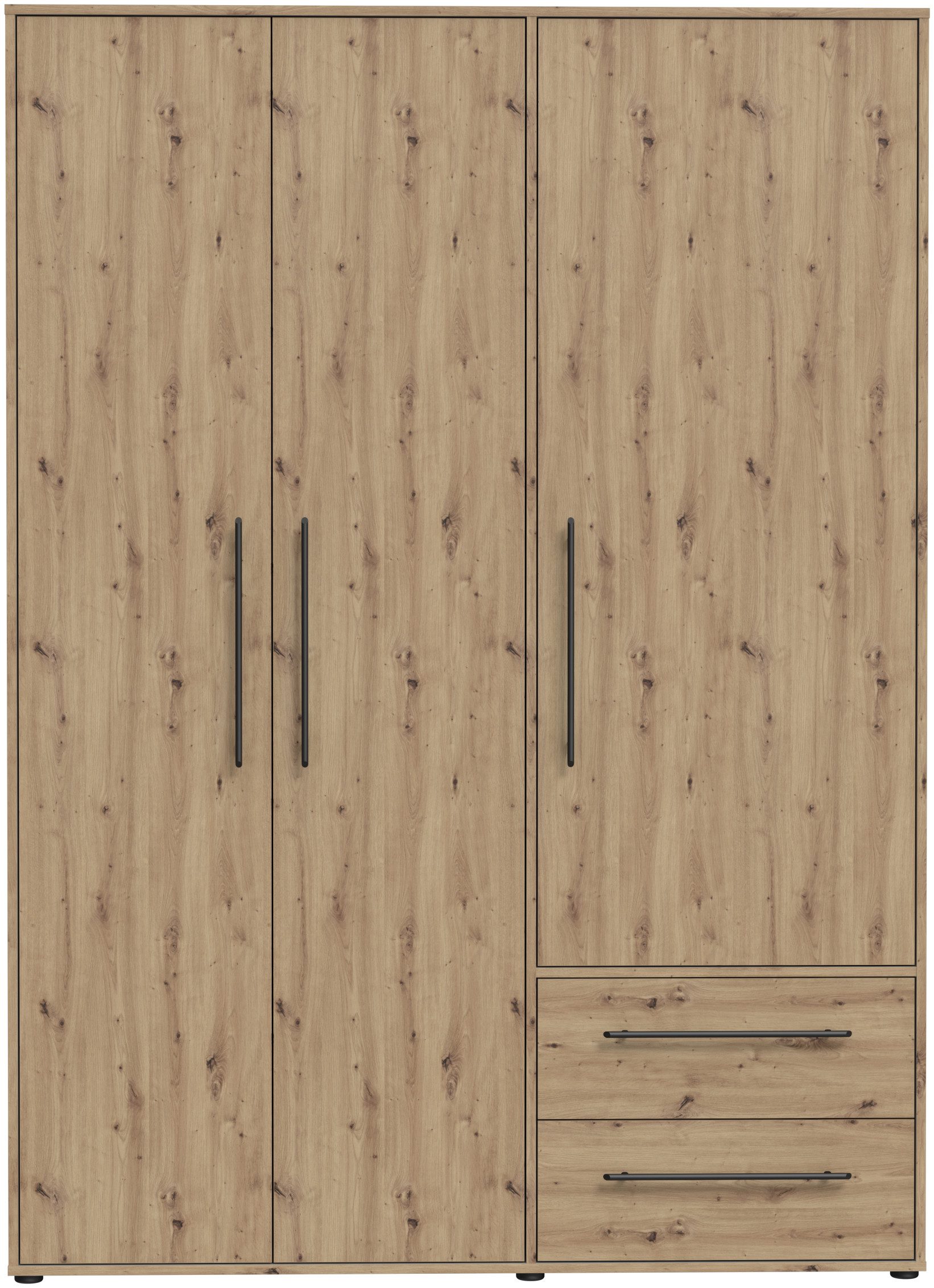 FORTE Kleiderschrank Mokkaris, Garderobe, zeitloses Design, 3 Türen, Made in Europe (B/H/T ca. 144x200x59cm) Zwei Schubladen, schwarze Stangengriffe, Stauraum,  – Bild 2 von 5