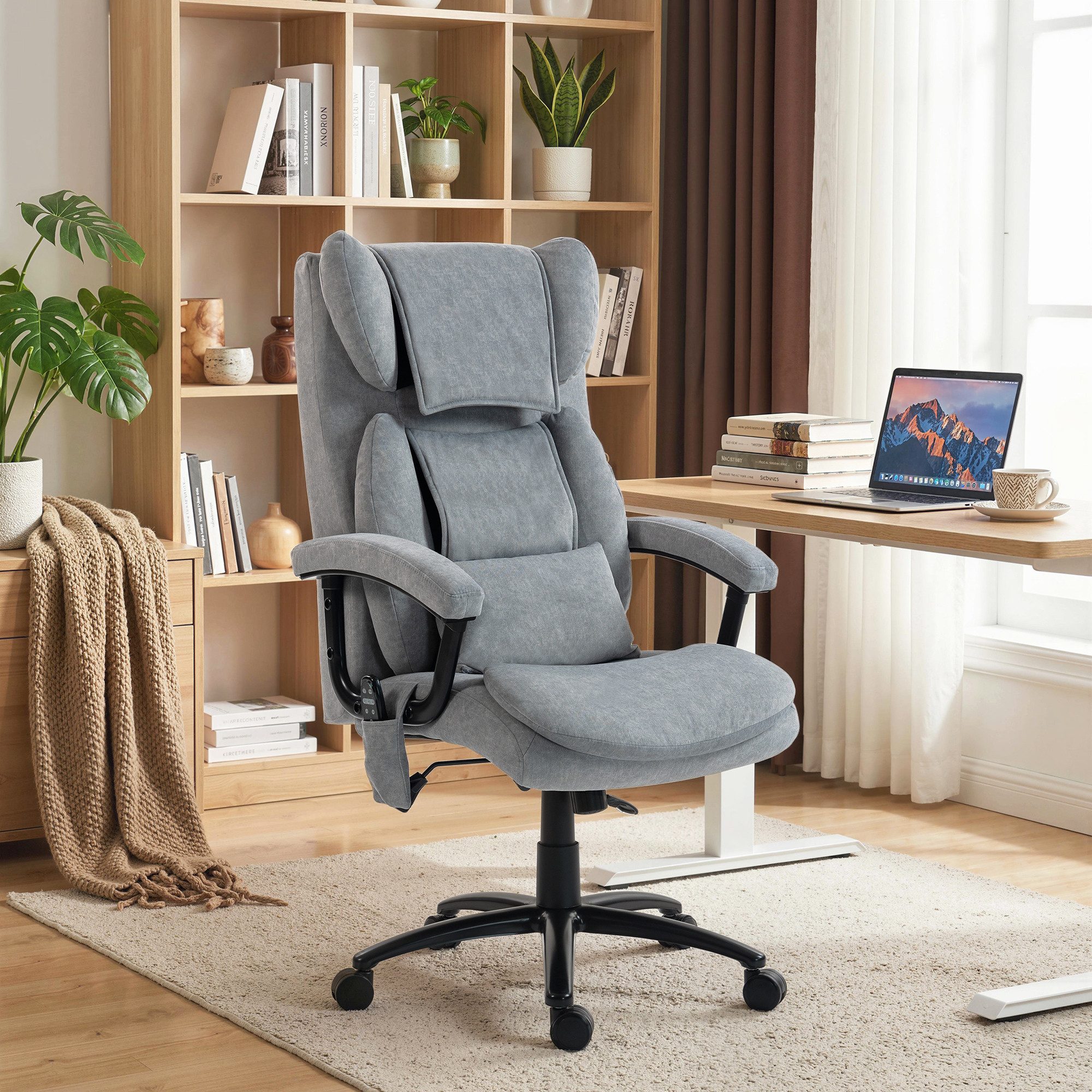 HOMCOM Schreibtischstuhl Ergonomisch mit Wippfunktion (Bürostuhl mit 4 Knetpunkten, Fußstütze, 1 St), Höhenverstellbar Drehstuhl aus Bedrucktem Samt