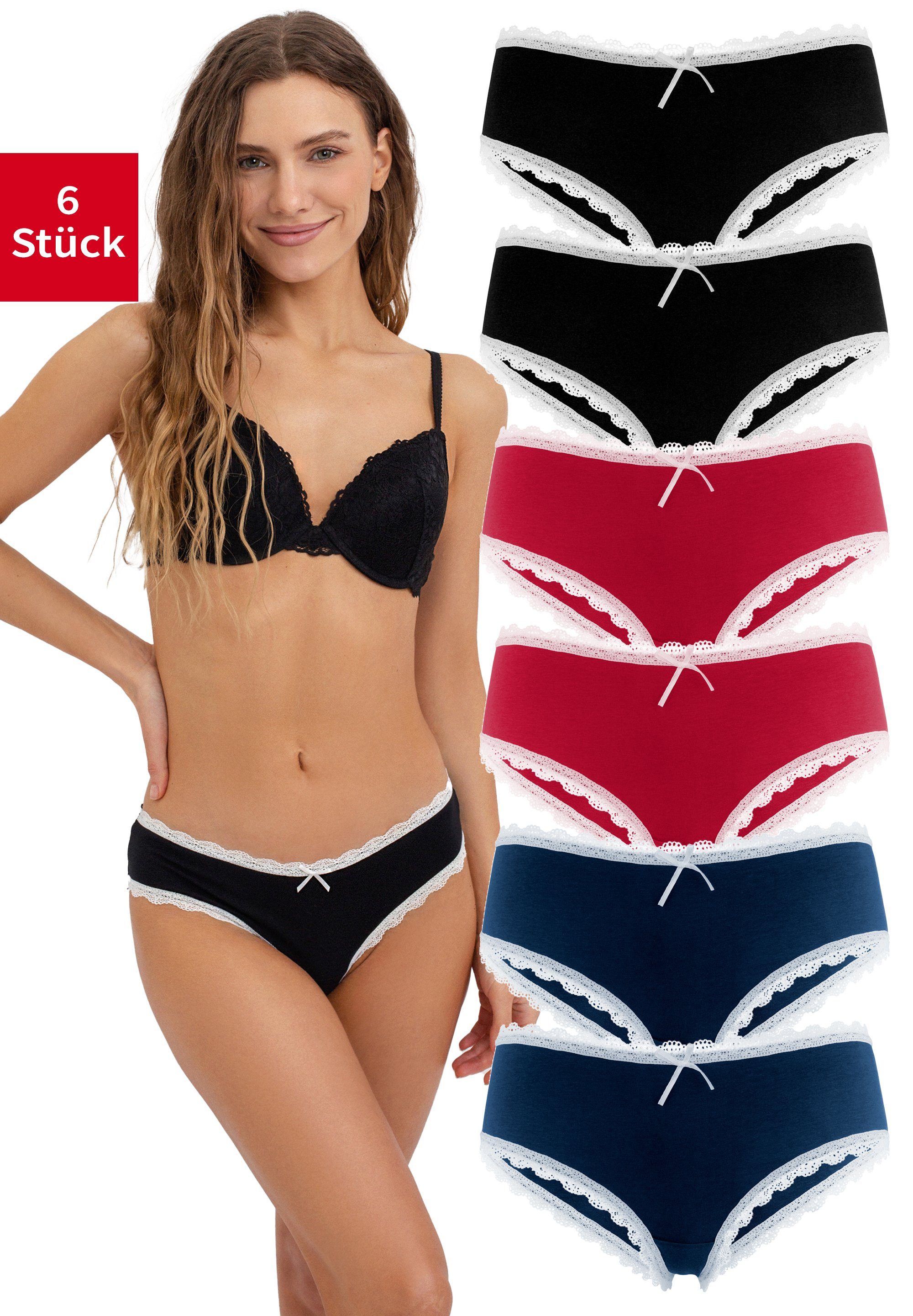 Fabio Farini Hipster Damen Spitzen Unterhosen - Frauen Panty Unterwäsche aus Baumwolle (Packung, 6-St) Slips mit dezenter Spitze am Bund und Beinabschluss
