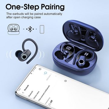 Poounur Kabellos Bluetooth 5.3, 50Std Ultraleicht Earbuds mit Bügel In-Ear-Kopfhörer (Kabellos Musik genießen, dank Bluetooth 5.3 Technologie und stabilen Verbindungen., Noise Cancelling OhrhörerHiFi StereoLED Anzeige IP7 Wasserdicht Joggen)